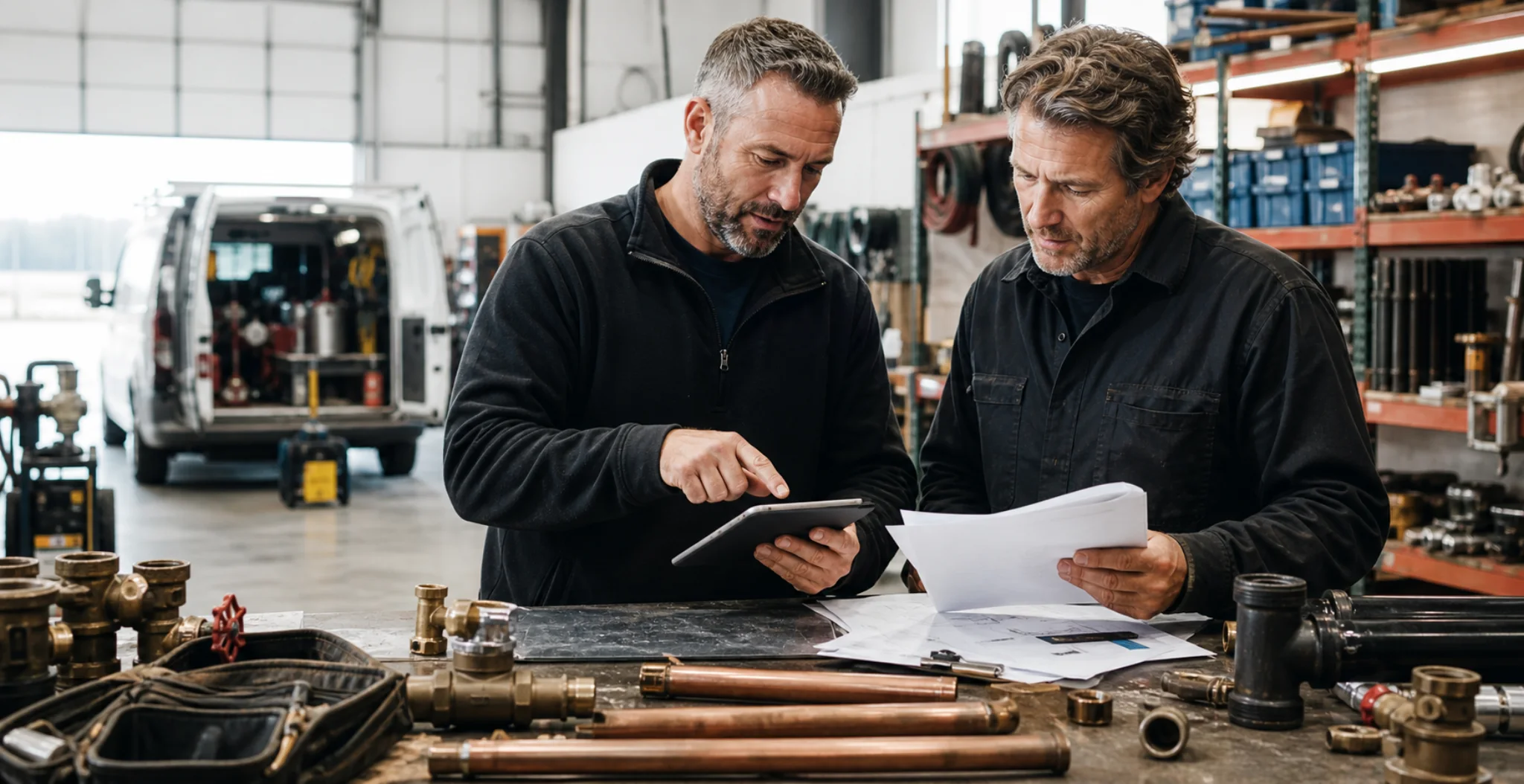 Business owners reviewing their work together in a shop