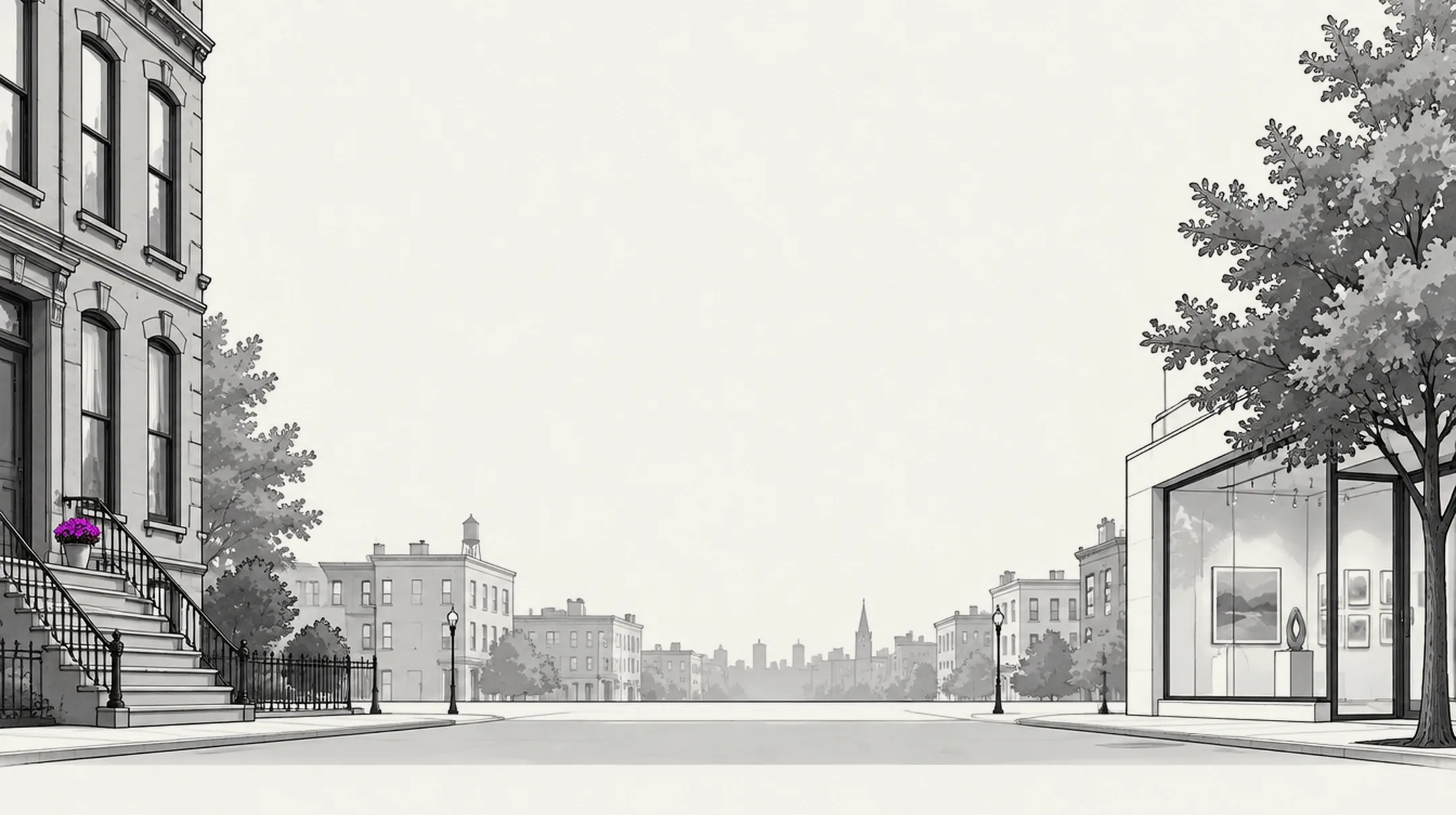 Illustrated city street with a brownstone stoop and a purple flower pot, trees, a distant skyline and a glass-fronted gallery with framed art and a sculpture inside