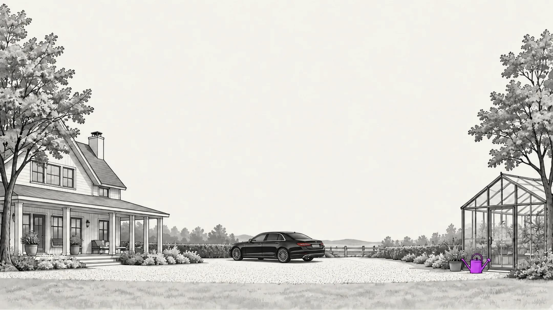 Illustrated country estate: a farmhouse with a deep front porch and potted plants, a black sedan parked on a gravel drive, a glass greenhouse with a purple watering can, and tall trees framing the scene