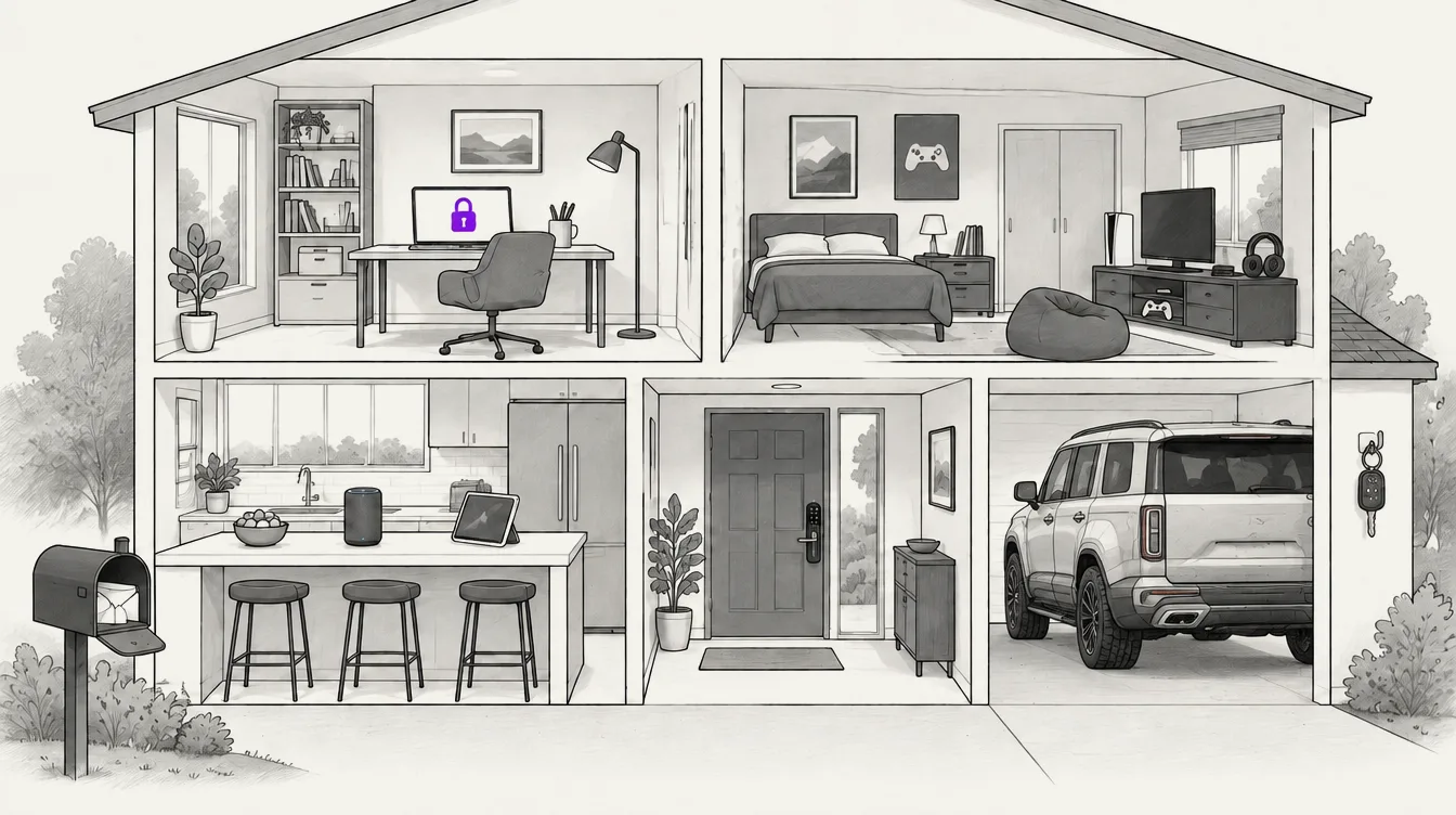 Illustrated cutaway of a home: an office with a laptop showing a purple padlock, a bedroom with a game console, TV and headphones, a kitchen with a smart speaker and tablet, a front door with a smart lock, a garage with an SUV and a key fob on the wall, and a mailbox full of letters outside