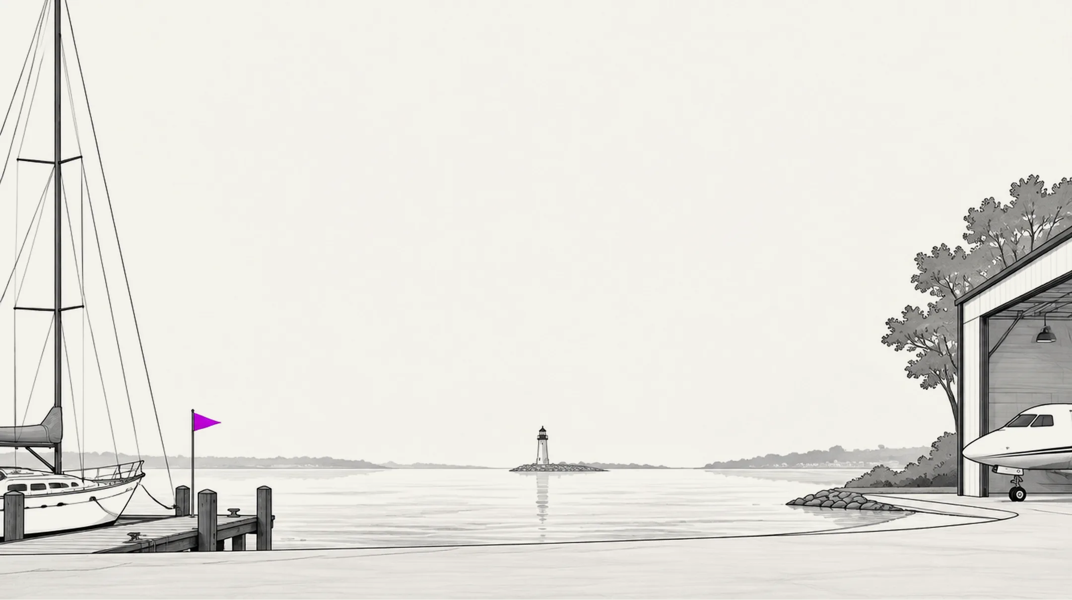 Illustrated harbor with a sailboat moored at a wooden dock flying a purple pennant, a lighthouse across calm water, and a private jet parked in an open hangar under the trees