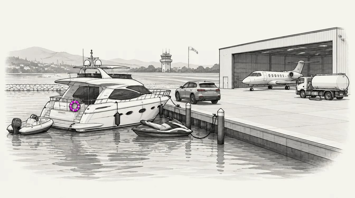 Illustrated marina beside an airfield: a motor yacht with a purple life ring moored at a concrete dock, an inflatable tender and a wave runner alongside, an SUV parked on the dock, and an open hangar with a private jet and a fuel truck, a control tower and windsock beyond
