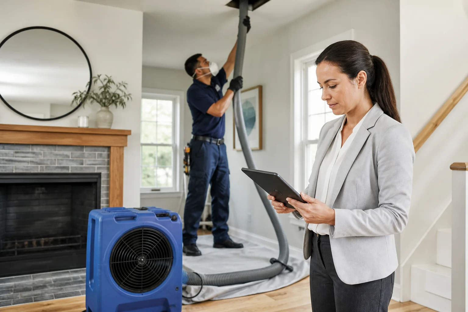 An air duct cleaning technician using negative-air equipment inside a customer home