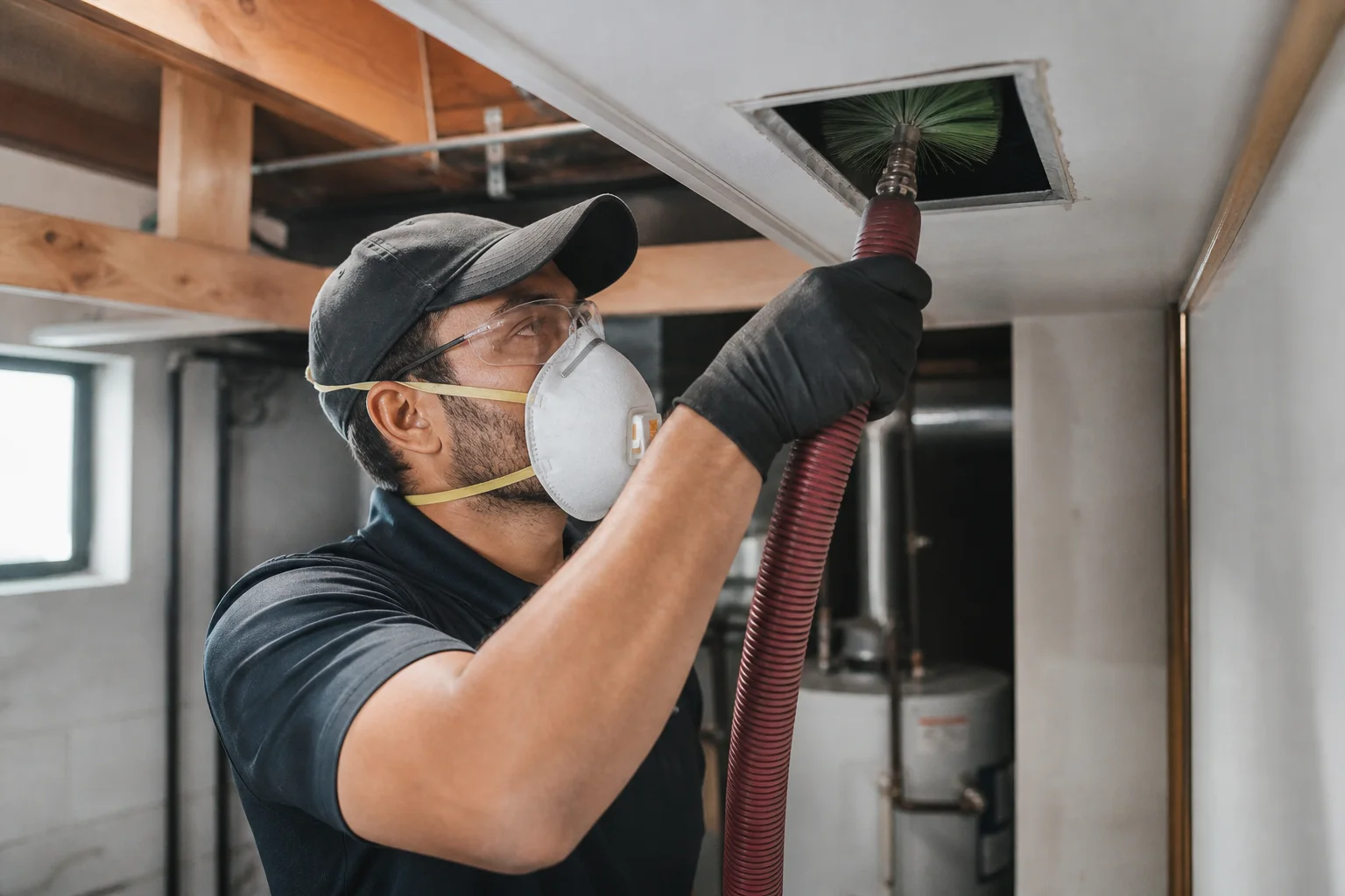 A technician cleaning a ventilation system