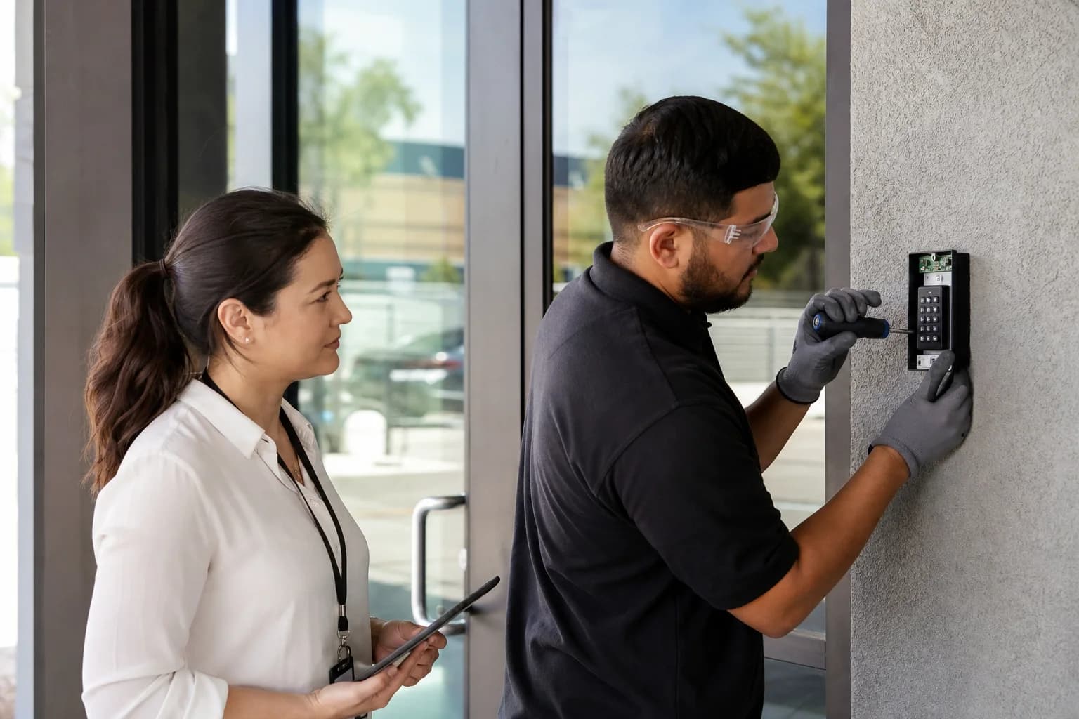 A security systems technician installing access control at a commercial property