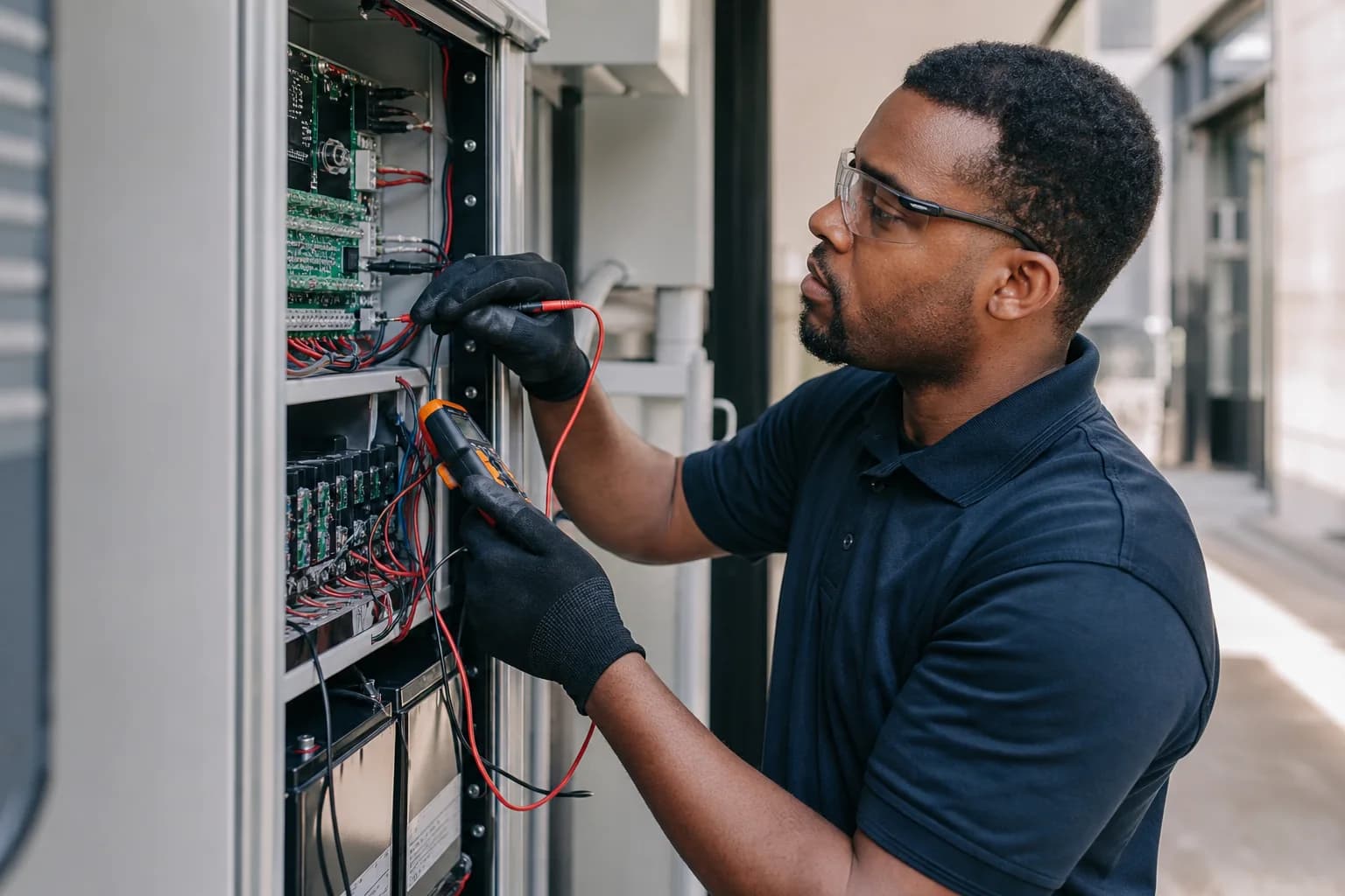 A security systems professional servicing an installed system