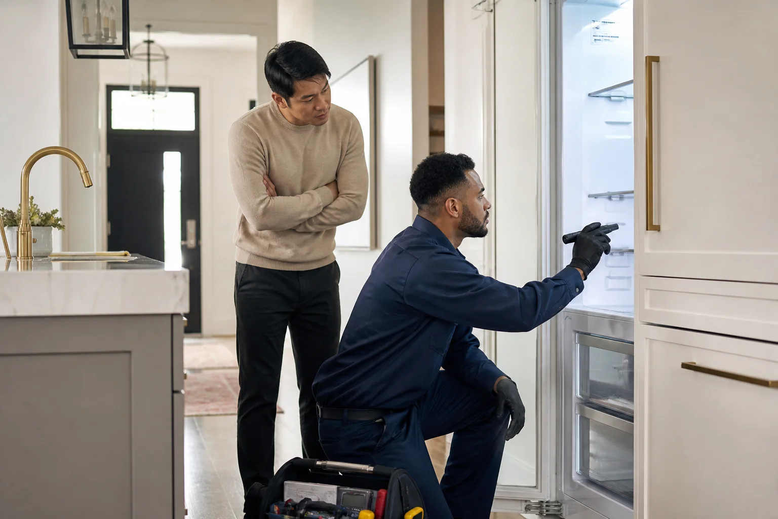 An appliance technician diagnosing a built-in refrigerator in a customer home