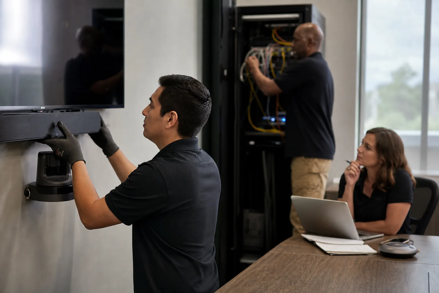 Audio-visual technicians commissioning a commercial conference room system