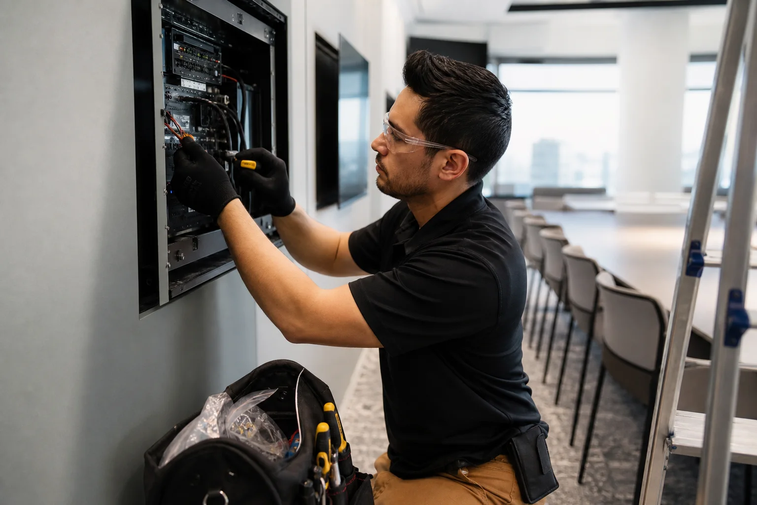 An AV technician servicing installed equipment