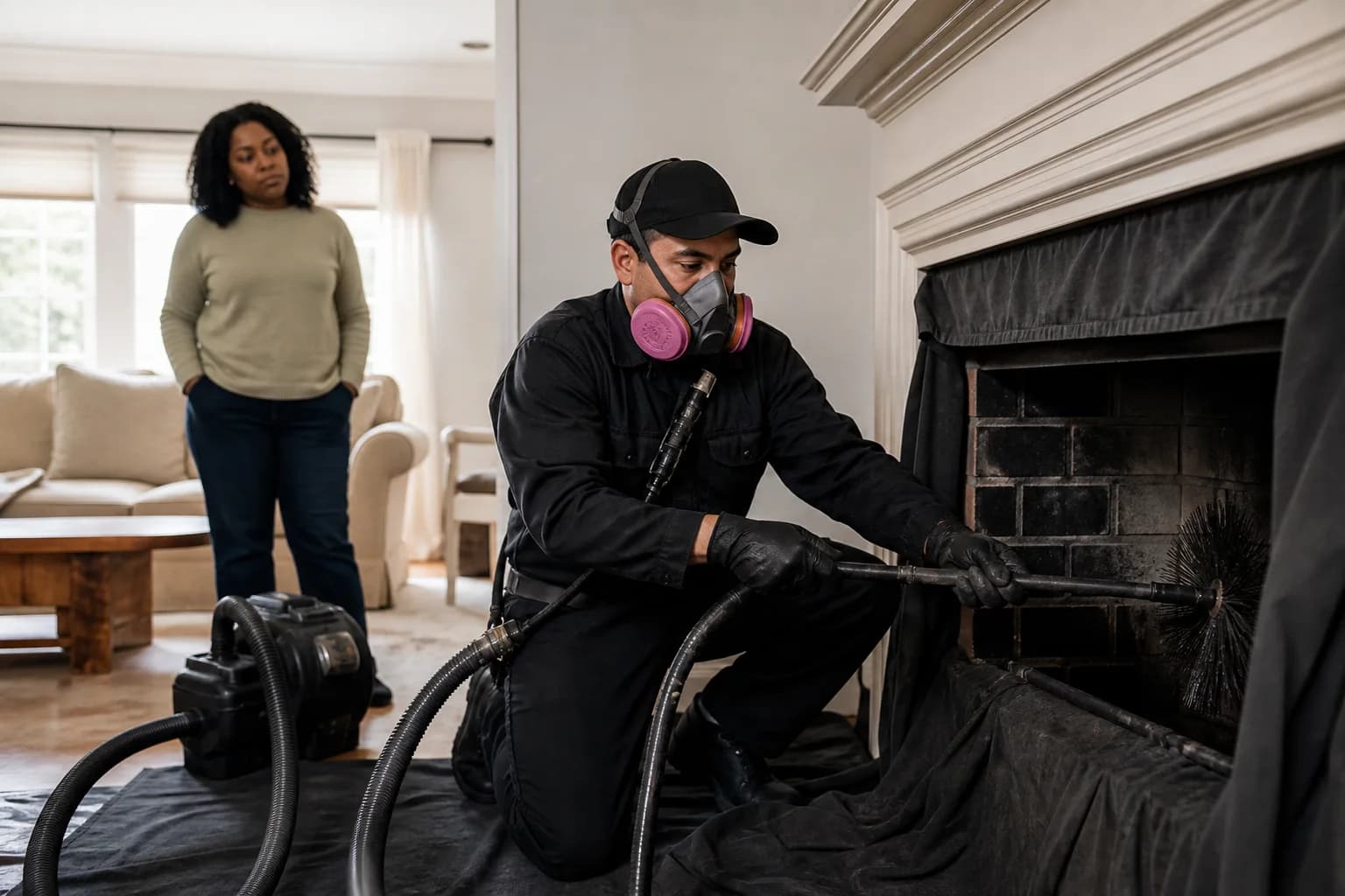 A chimney professional cleaning a residential fireplace with protective equipment