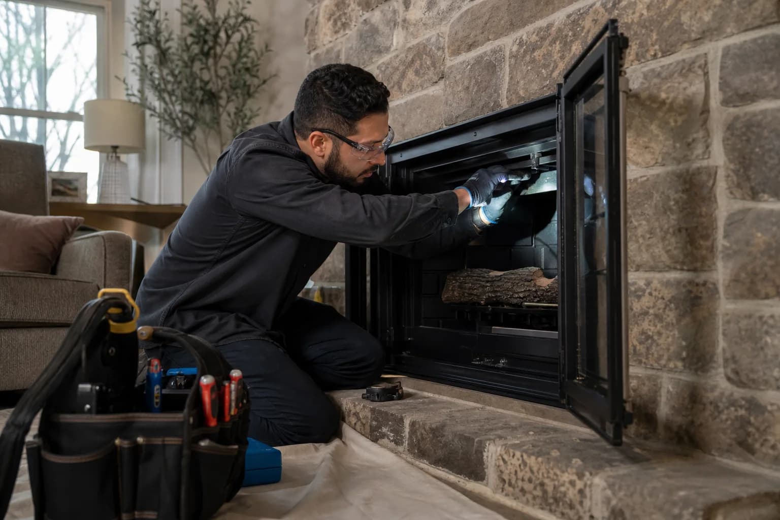 A fireplace service professional inspecting a hearth system