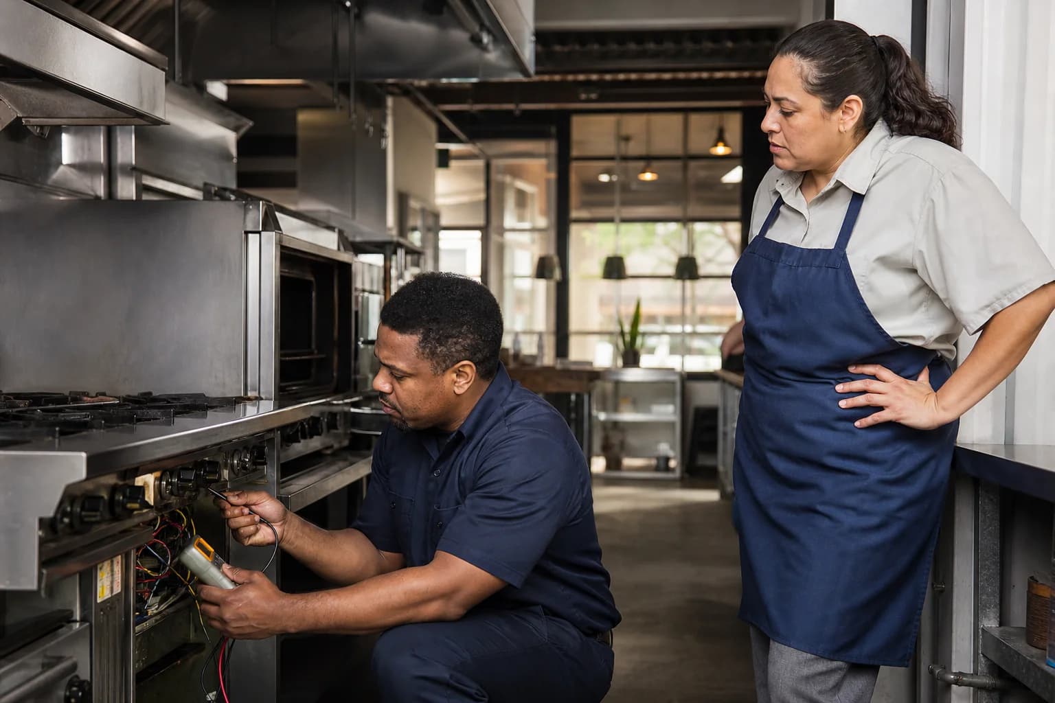 A commercial food equipment technician diagnosing kitchen equipment in a working restaurant