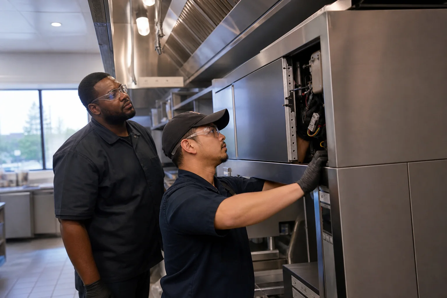 A commercial kitchen equipment contractor commissioning an installation