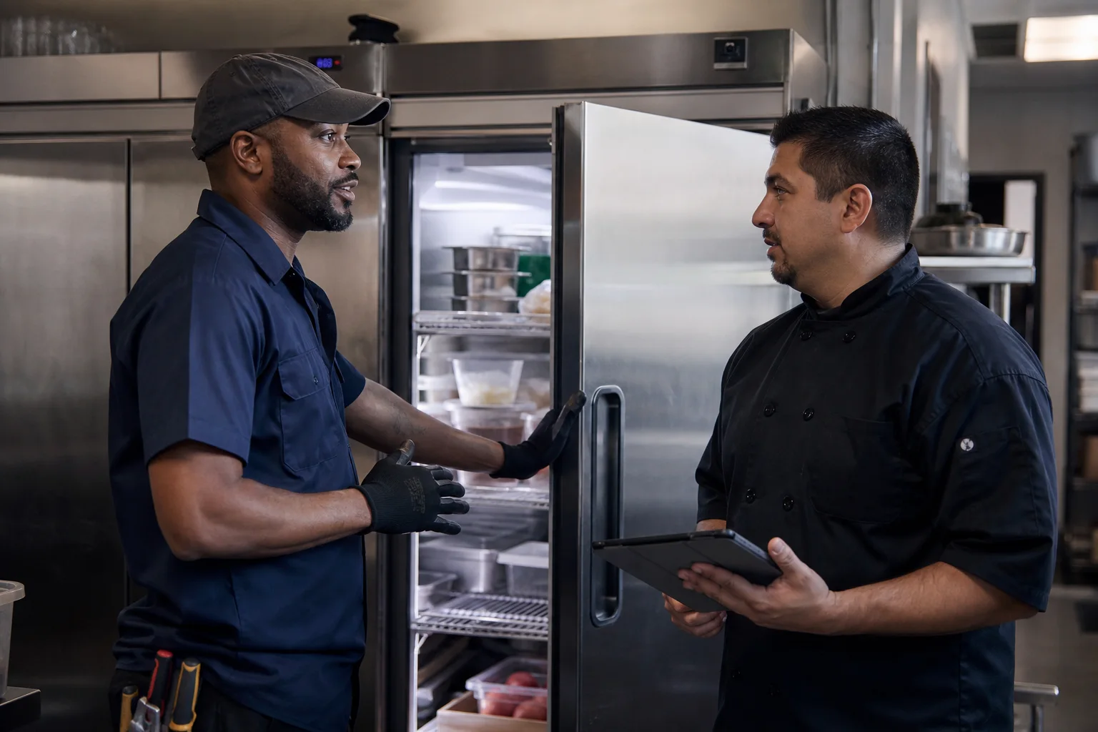 A commercial refrigeration technician servicing equipment inside a restaurant