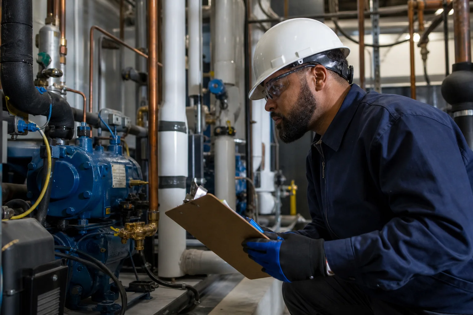 A commercial refrigeration professional inspecting an industrial system