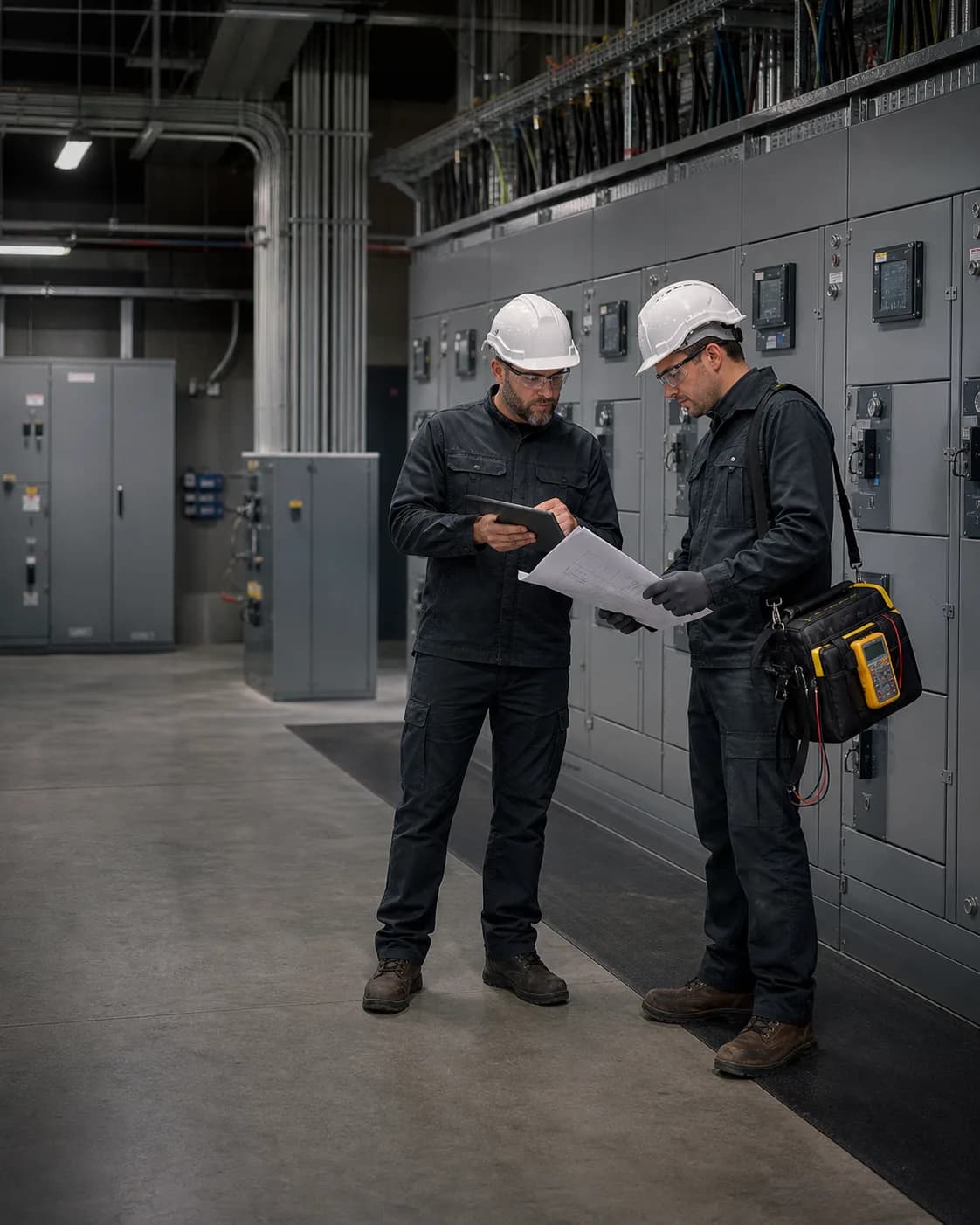 Two electrical professionals reviewing plans beside commercial switchgear