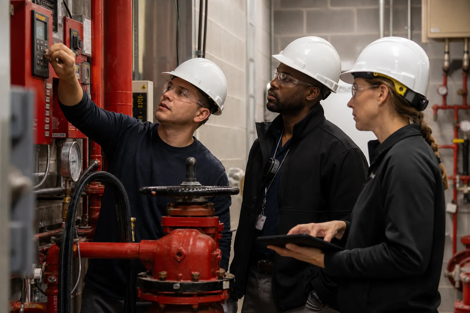 Fire protection technicians inspecting a commercial sprinkler riser and alarm equipment