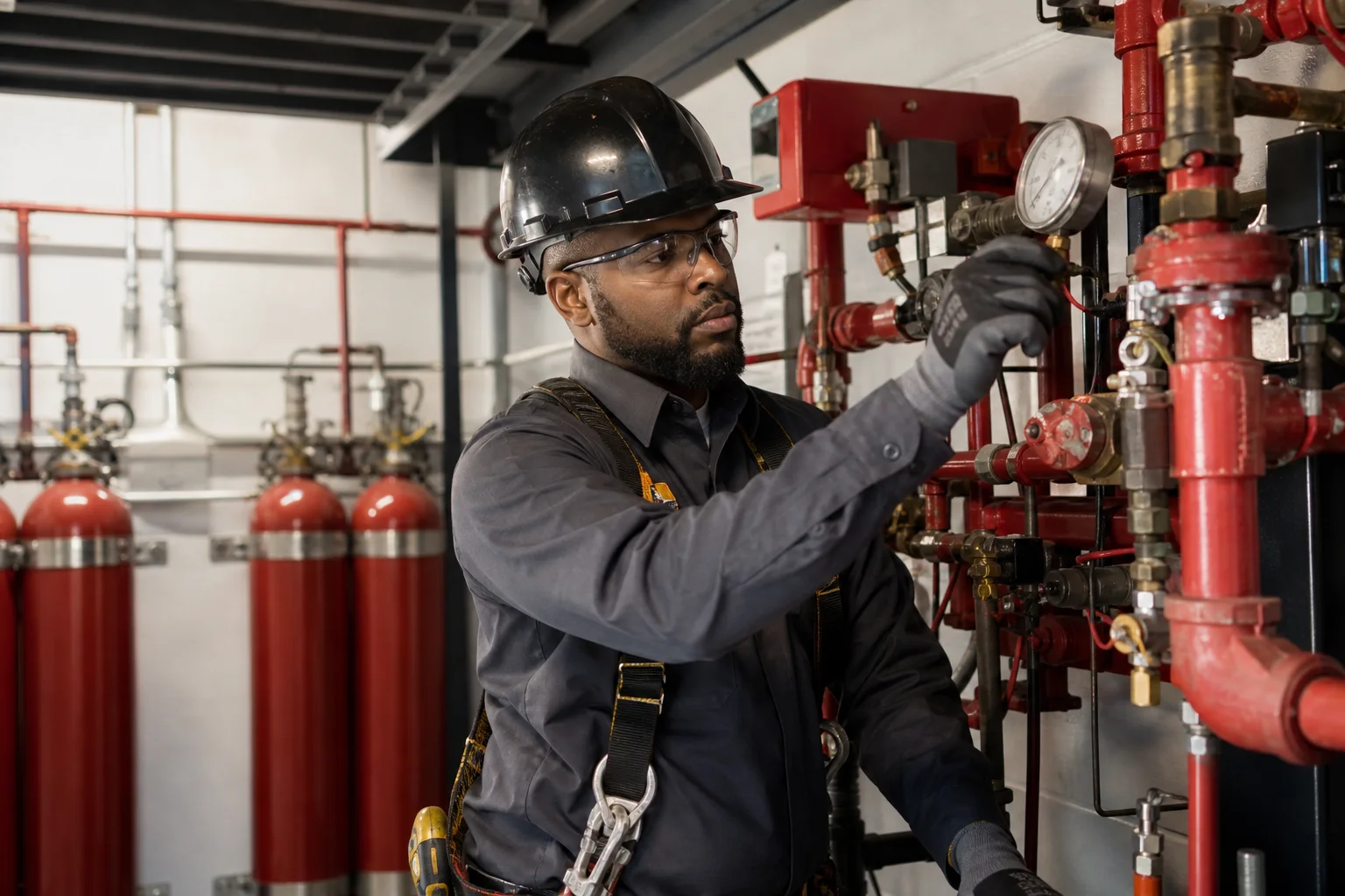 A technician inspecting specialized fire suppression equipment