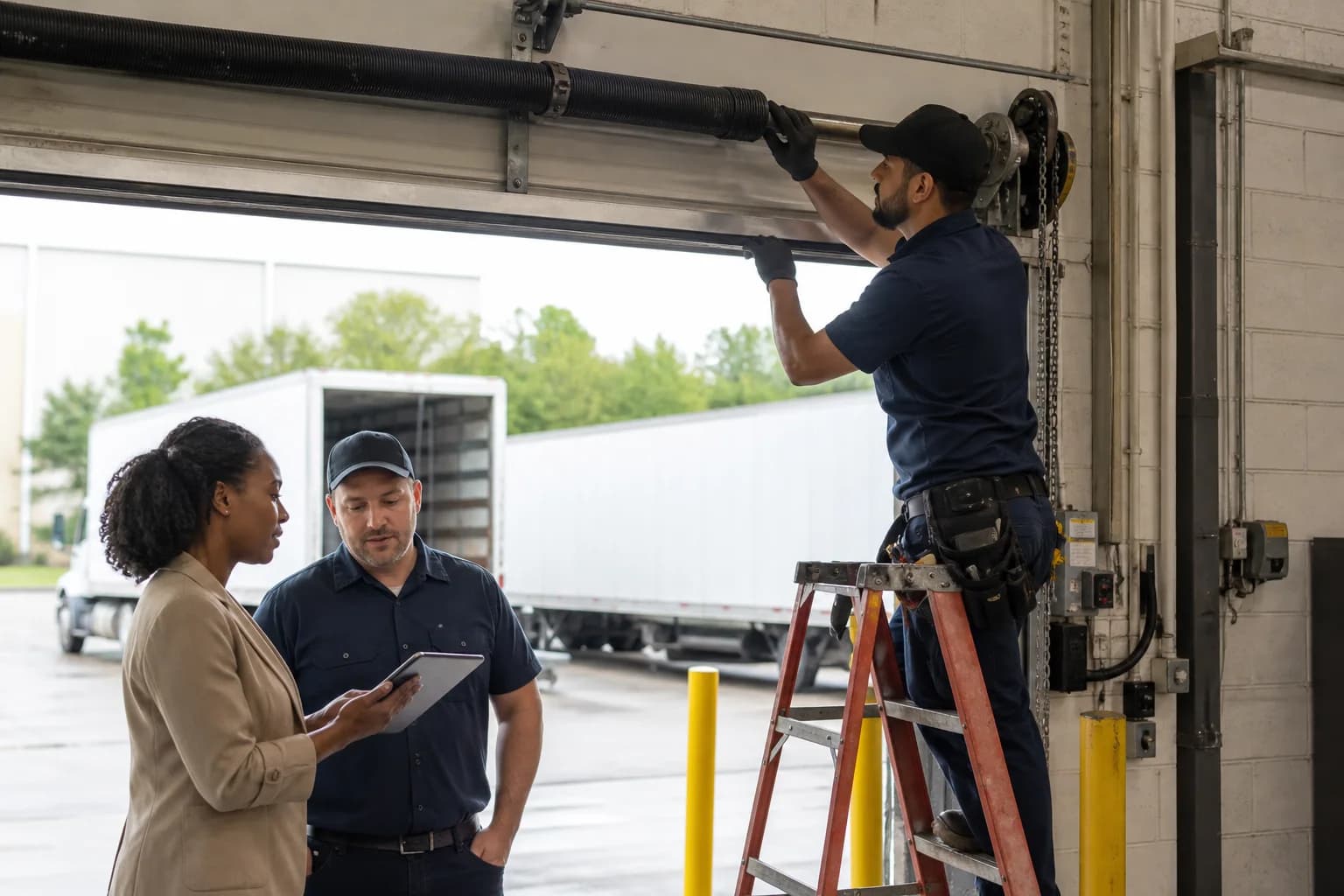 An overhead door technician servicing a commercial door spring assembly