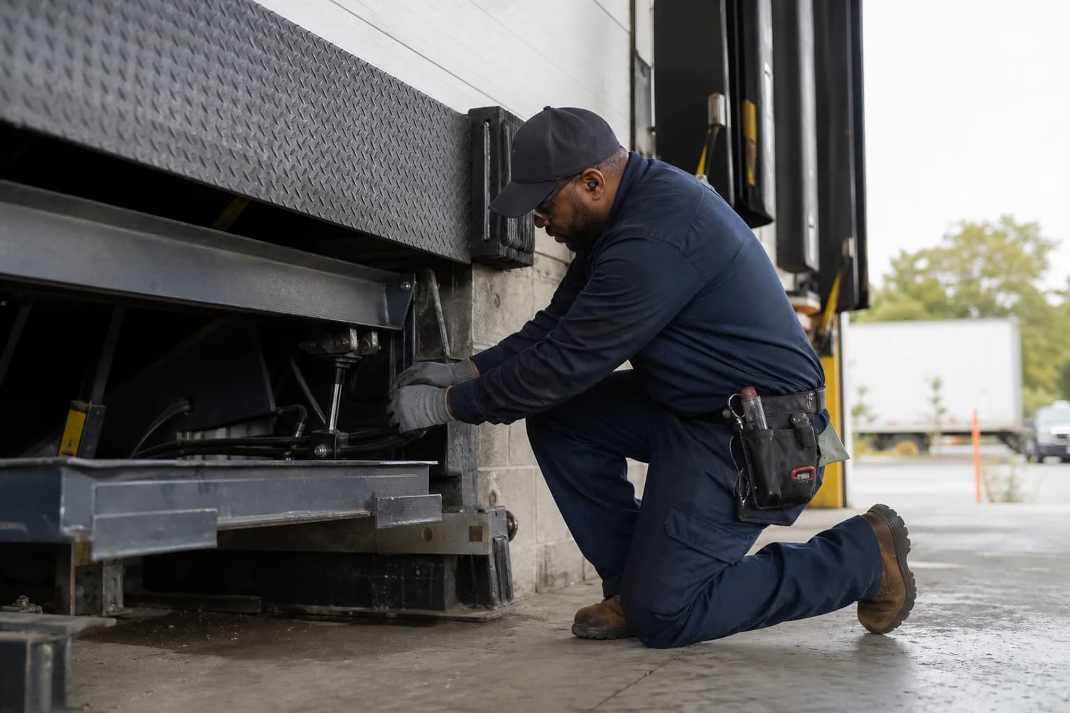 A commercial door technician servicing loading dock equipment