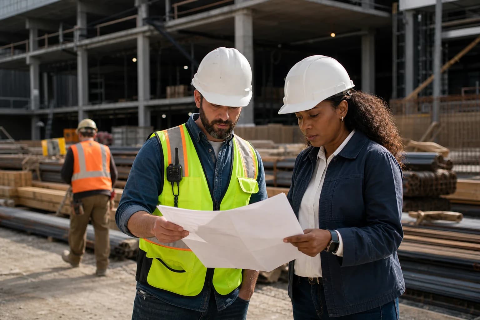 General contractors reviewing a building project on site