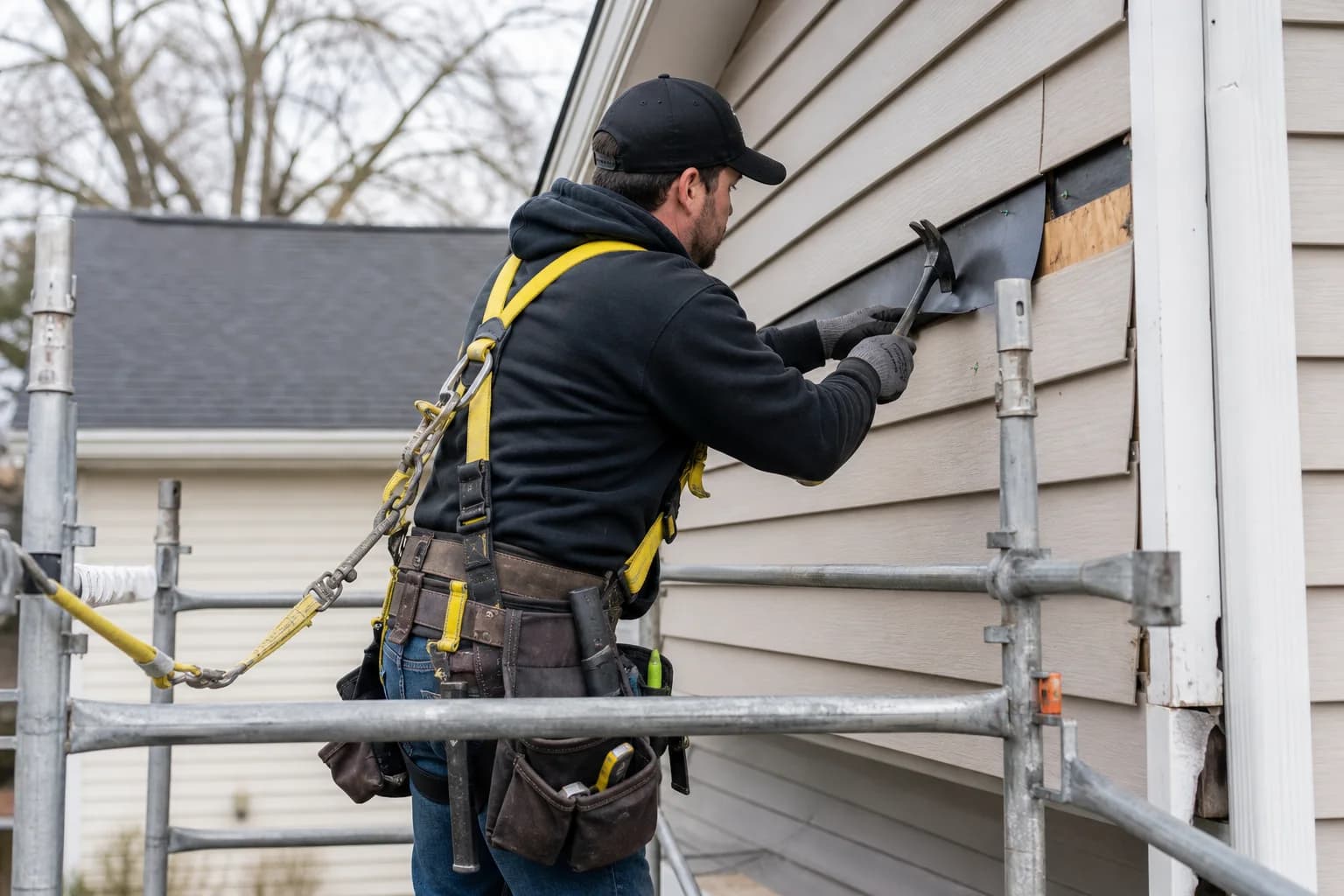An exterior contractor completing soffit and fascia repairs