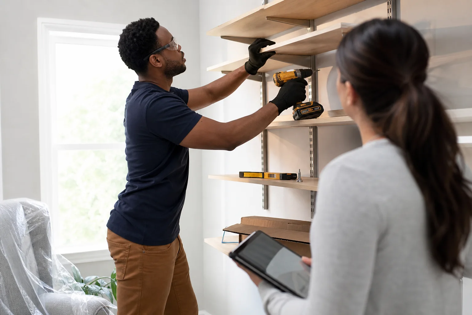 Handyman installing shelving while a customer reviews the work