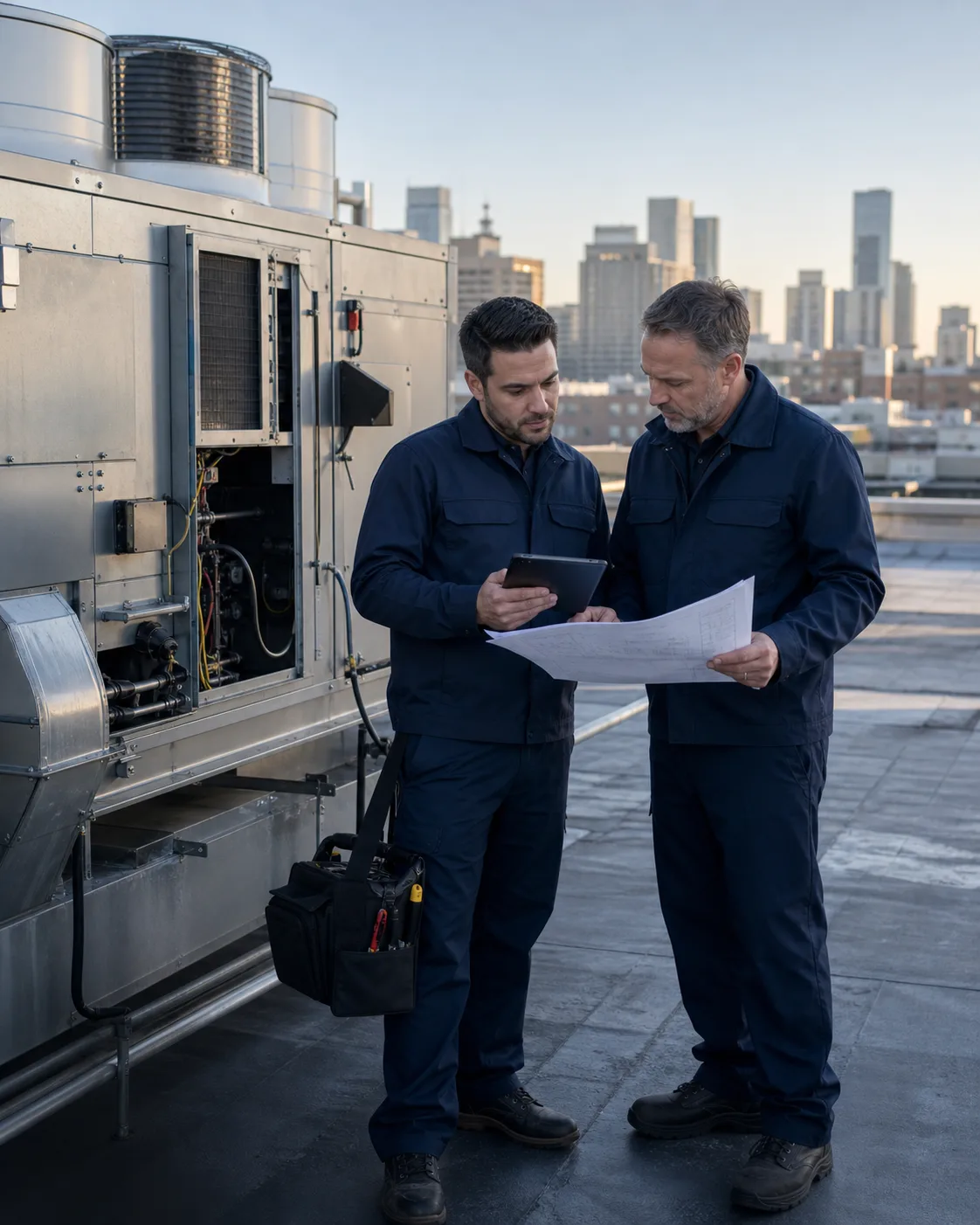 Two HVAC professionals reviewing plans beside rooftop equipment