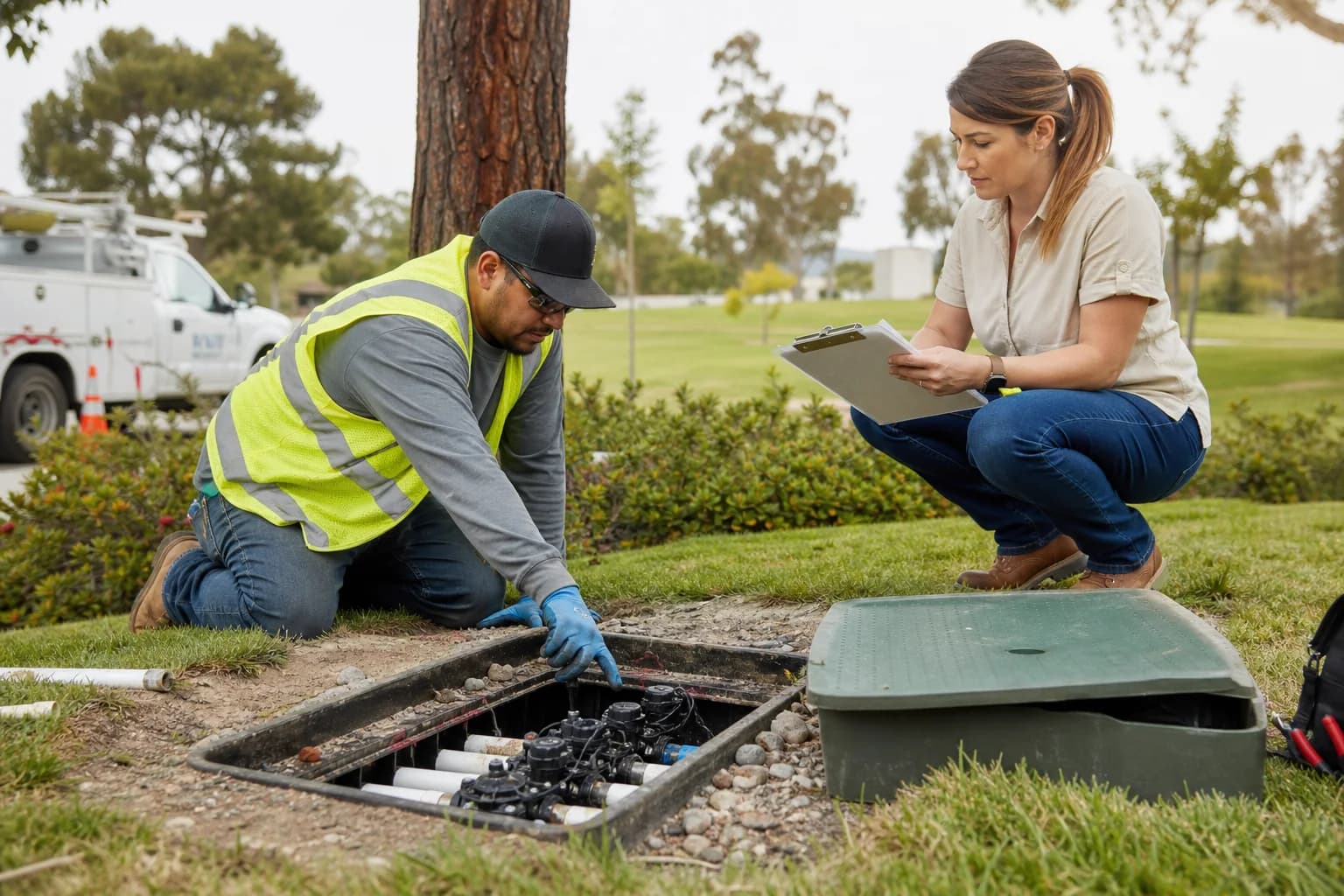 An irrigation contractor servicing a commercial sprinkler valve system