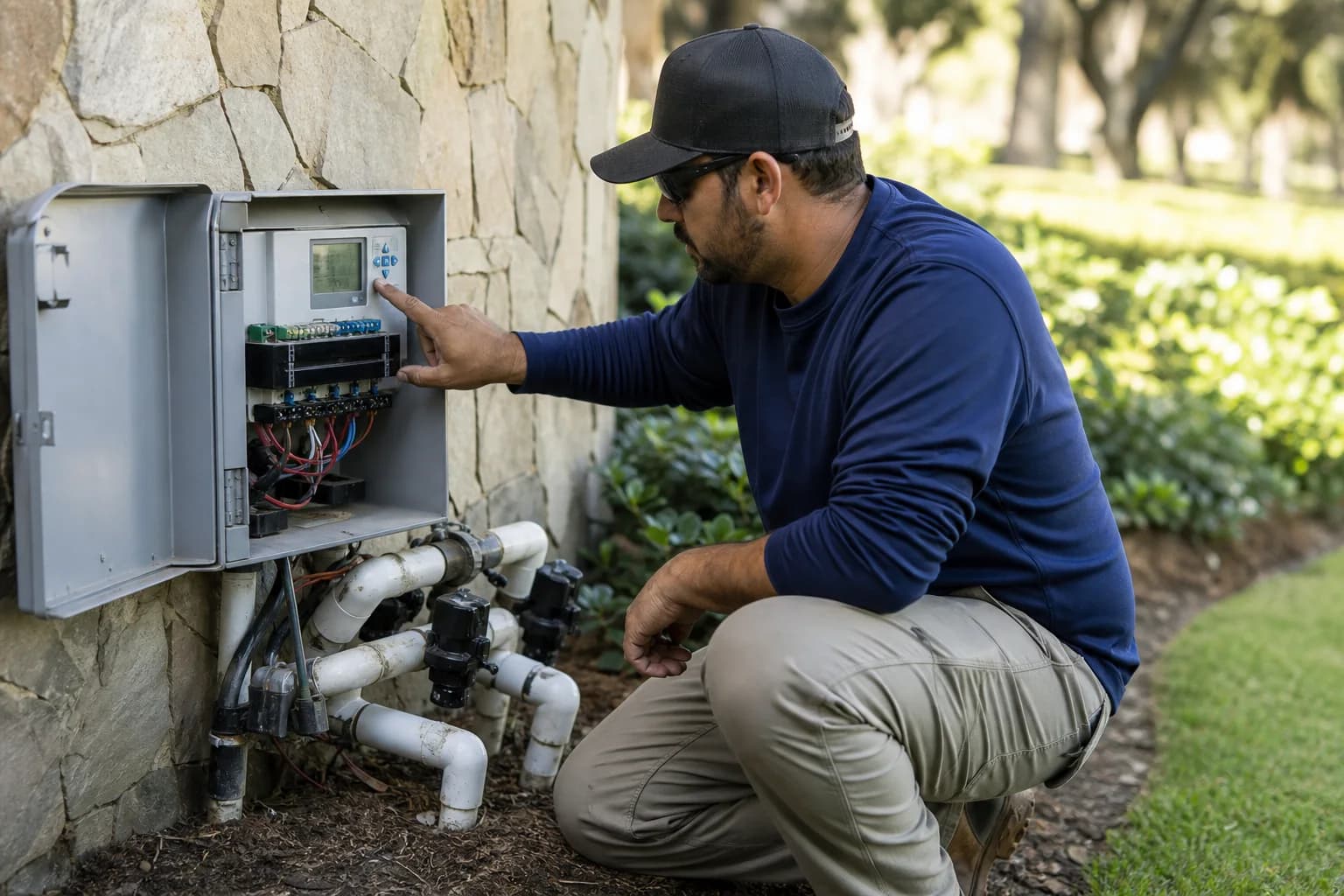 An irrigation professional testing controls at a commercial property