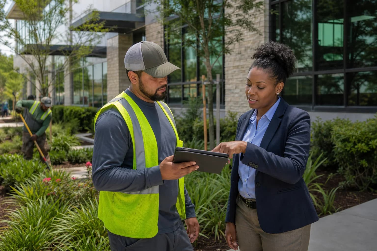 A landscaping professional maintaining a commercial property