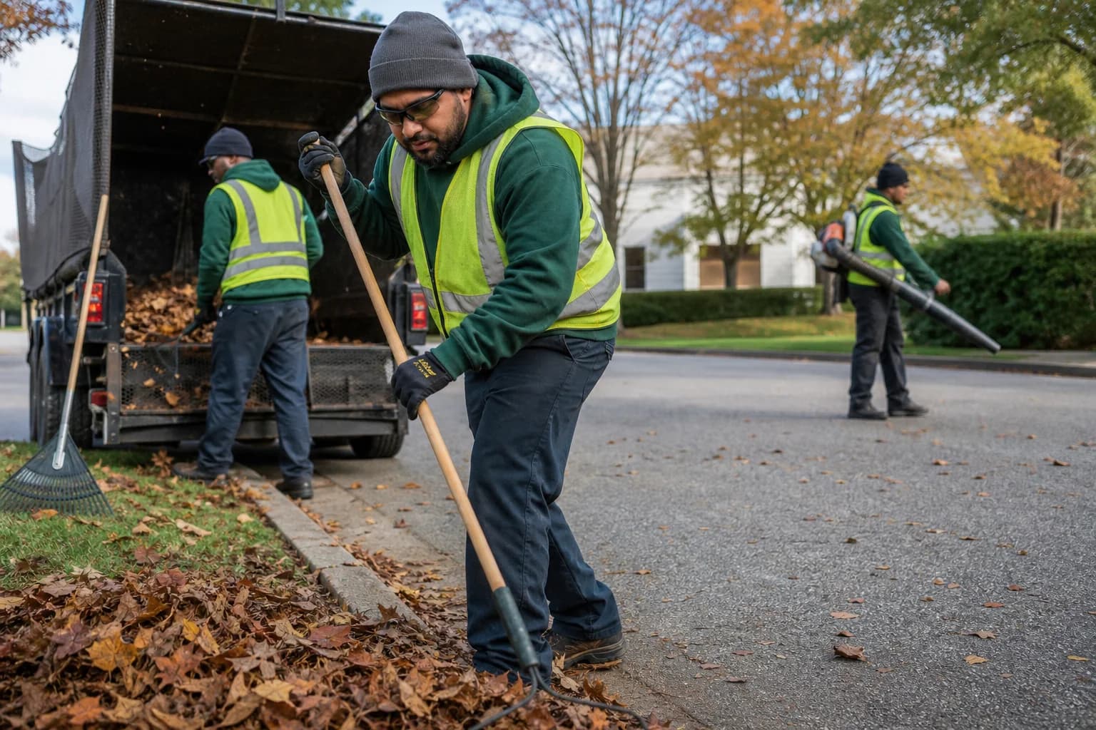 A grounds crew completing seasonal property work