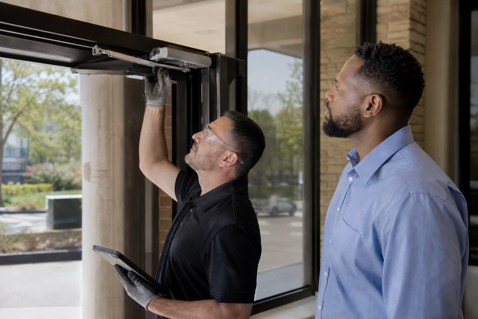 A commercial door hardware technician servicing an exit door at a customer property