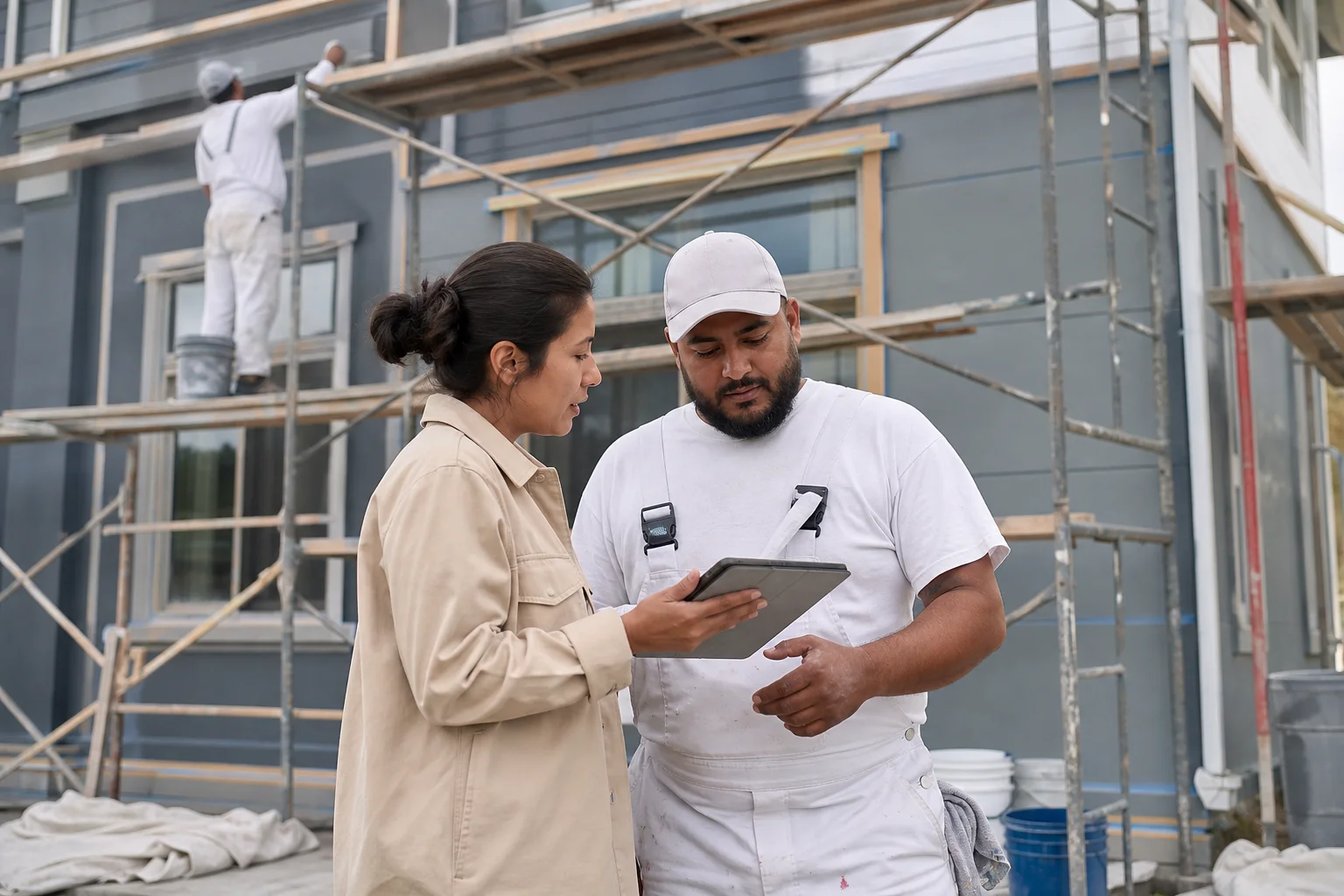 A painting contractor working from a scaffold on an active project