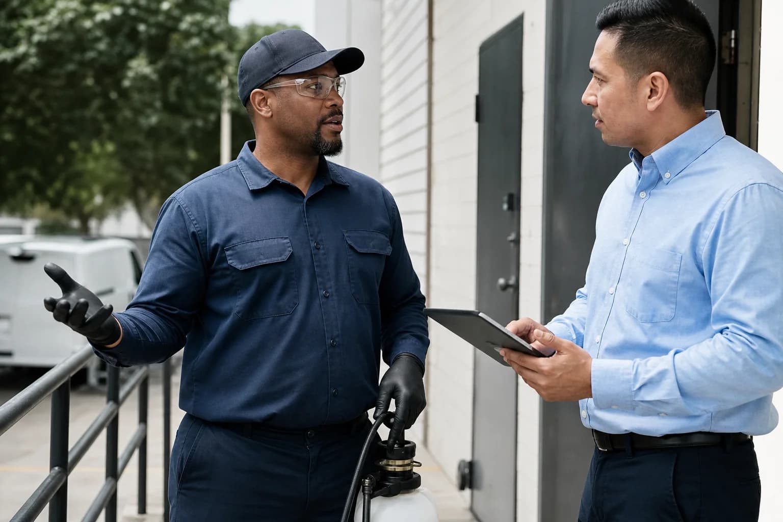 A pest control technician inspecting a commercial property
