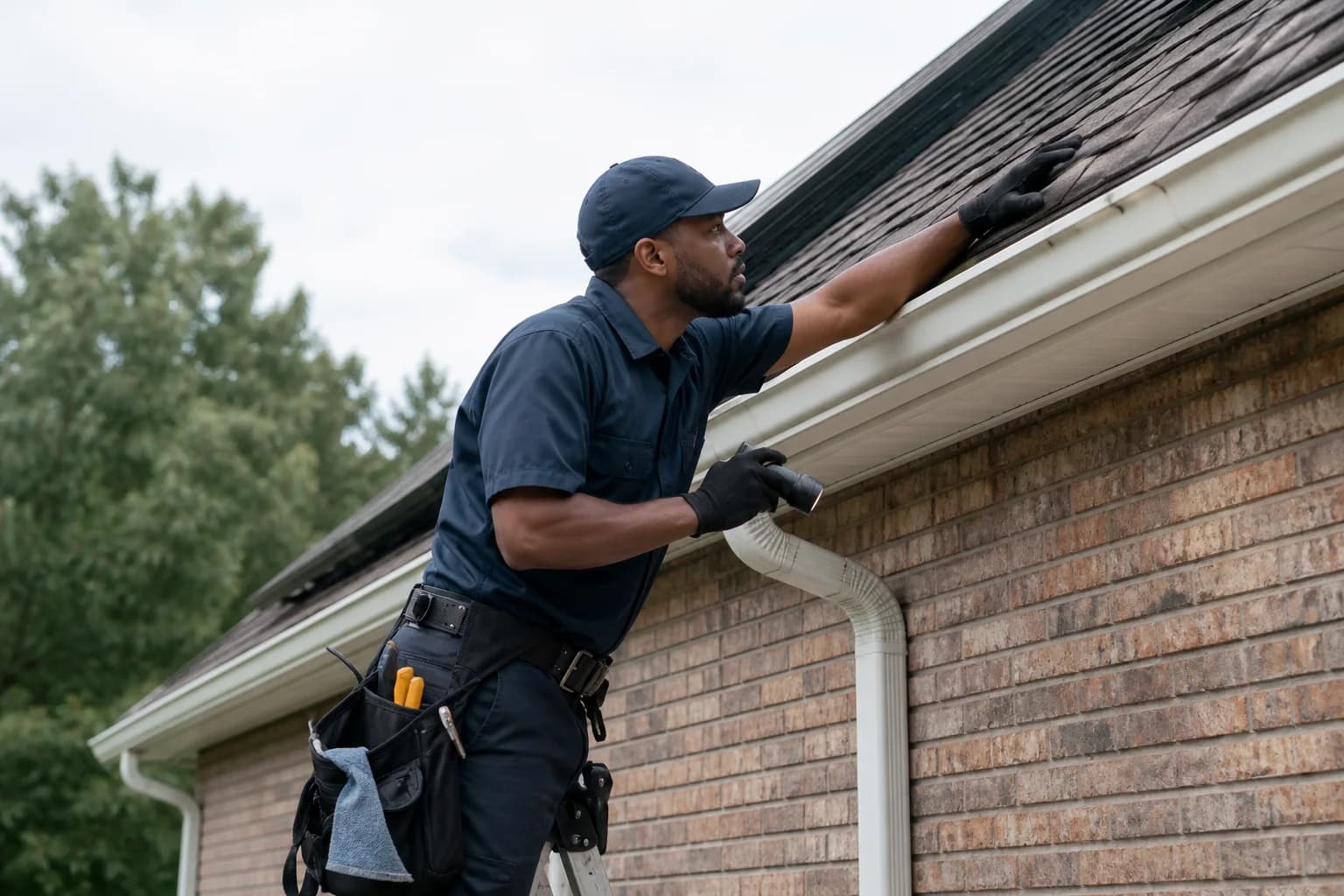 A pest professional inspecting a building exterior