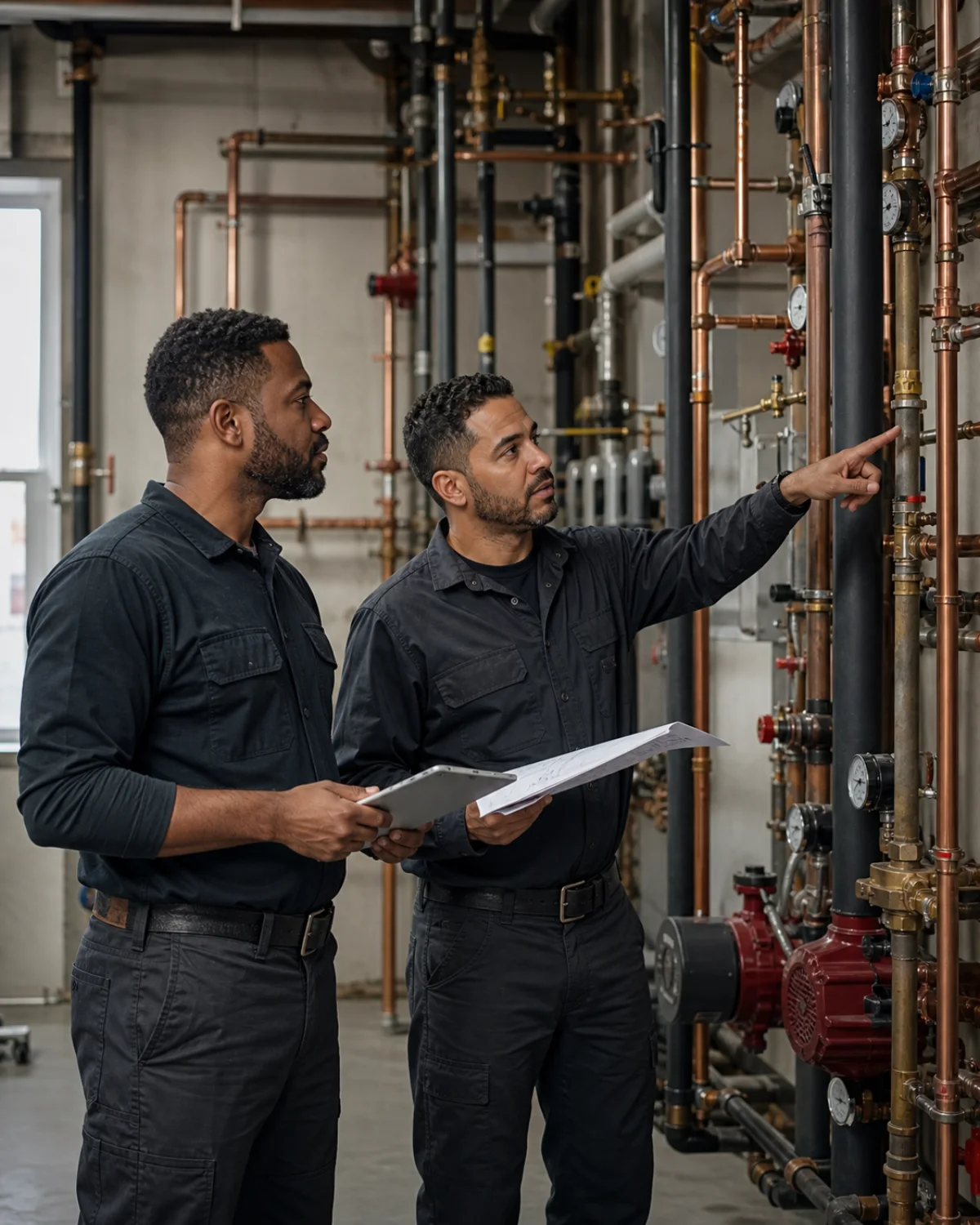 Two plumbing professionals reviewing plans in a commercial mechanical room