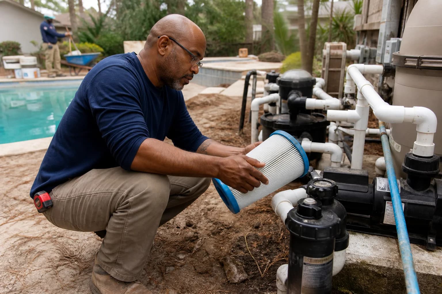 A pool contractor reviewing equipment for a renovation