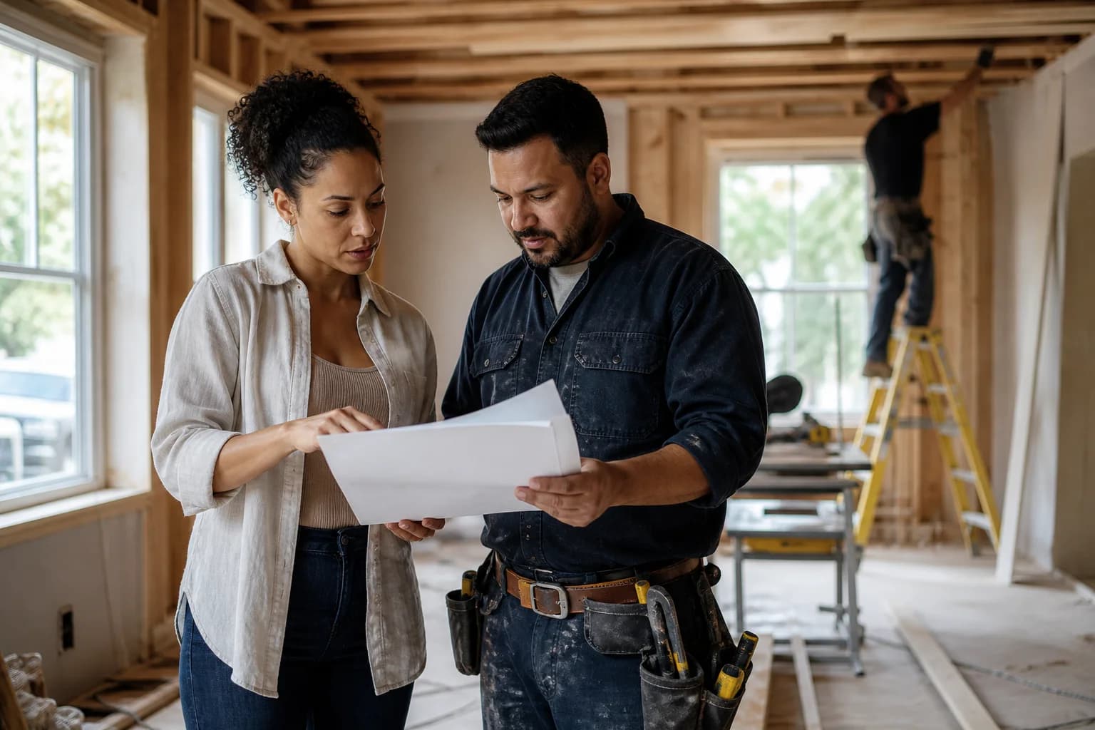 A residential remodeling contractor reviewing plans inside an active project