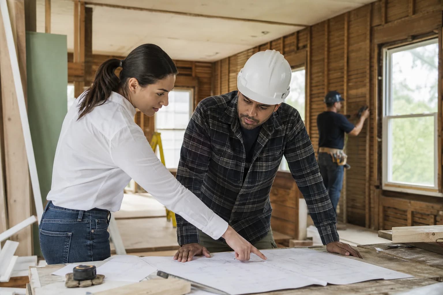 A design-build remodeler reviewing project plans