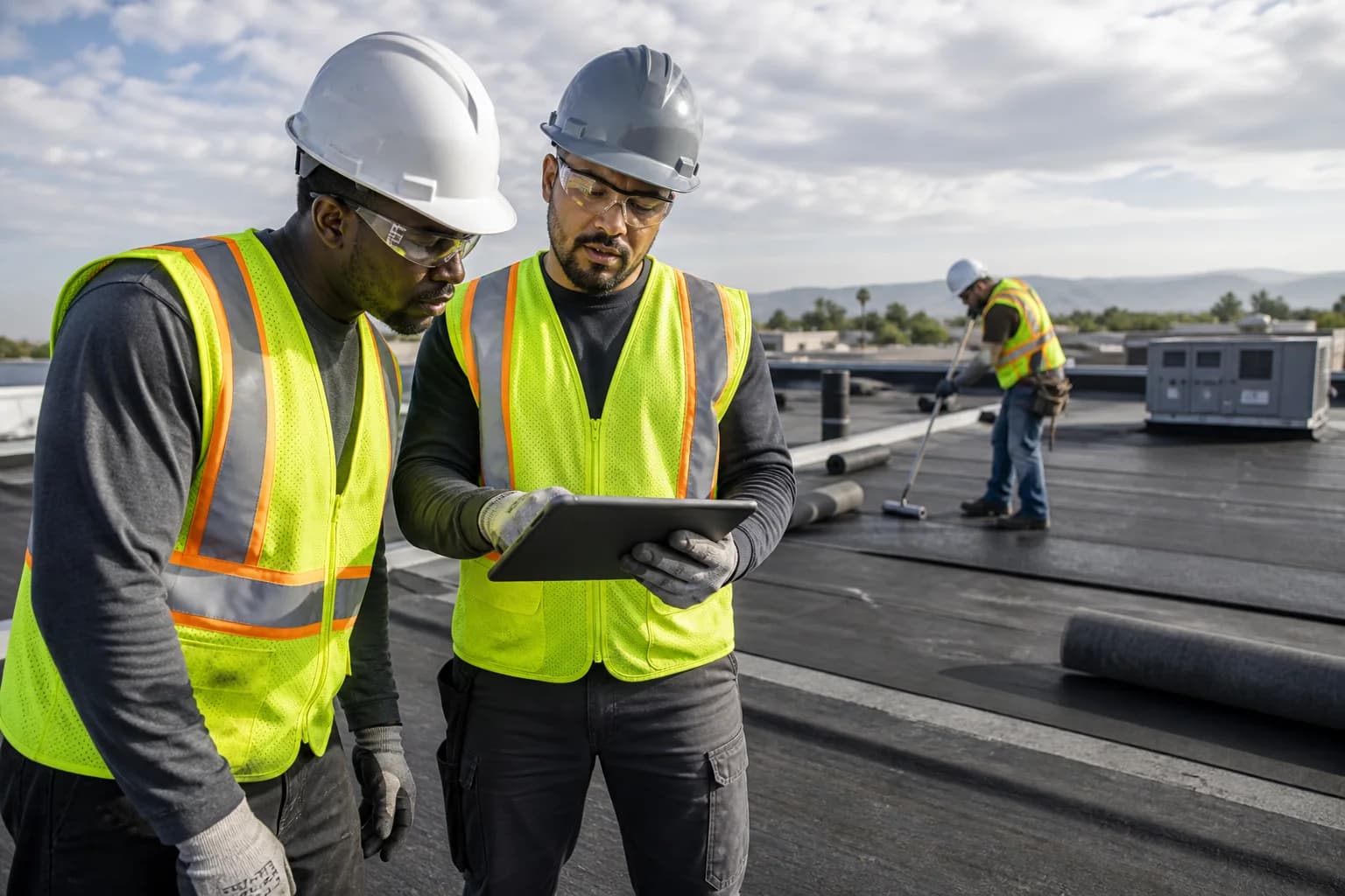 A roofing contractor working on an active commercial roof