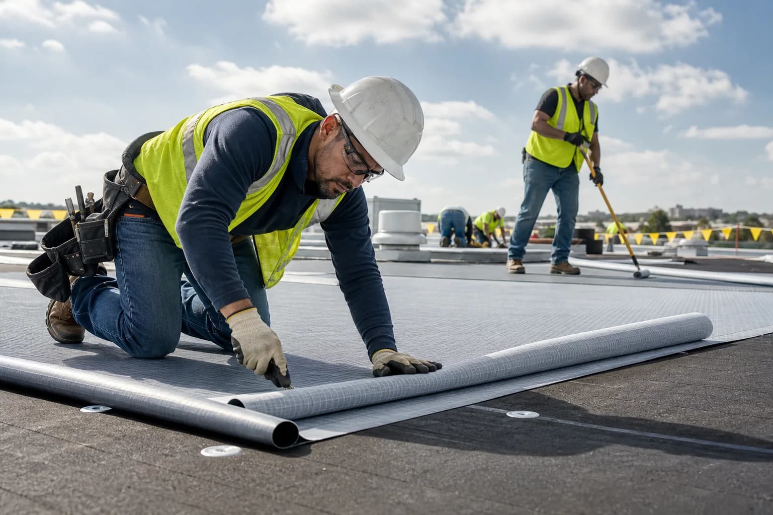 Roofing professionals working on a commercial project