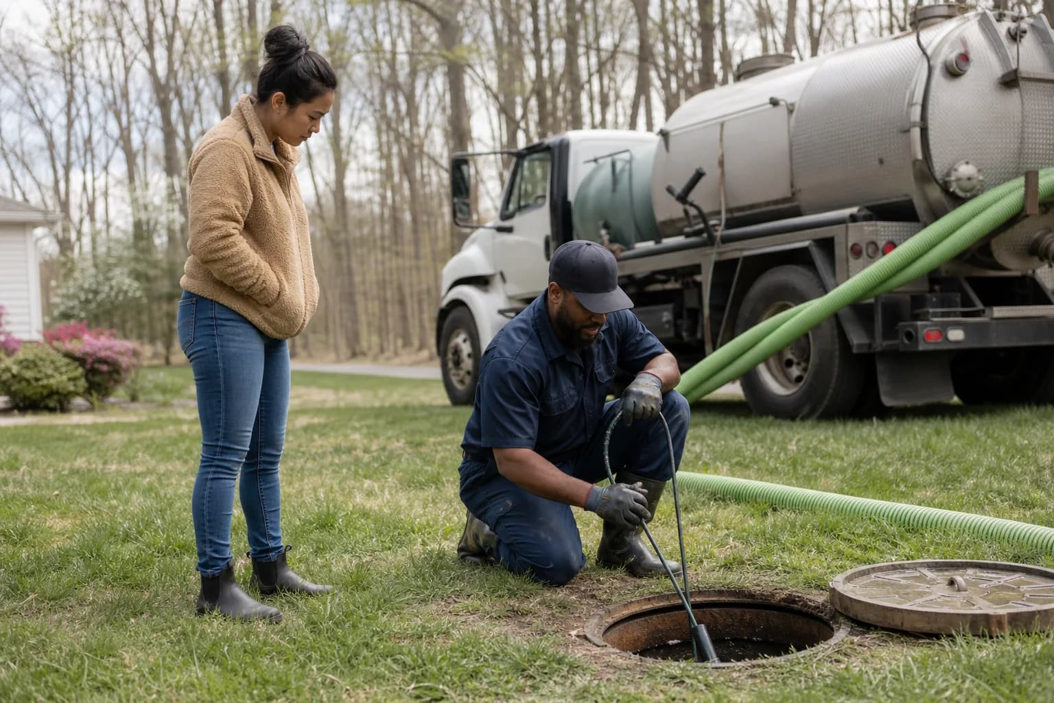 A septic professional inspecting a system with a vacuum truck nearby