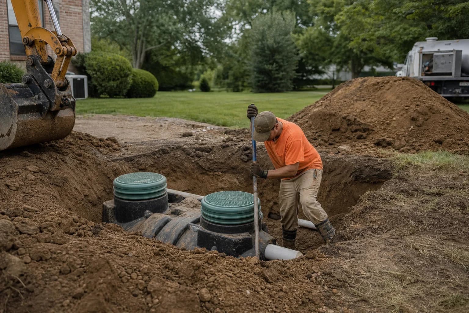 A septic contractor completing installation and excavation work