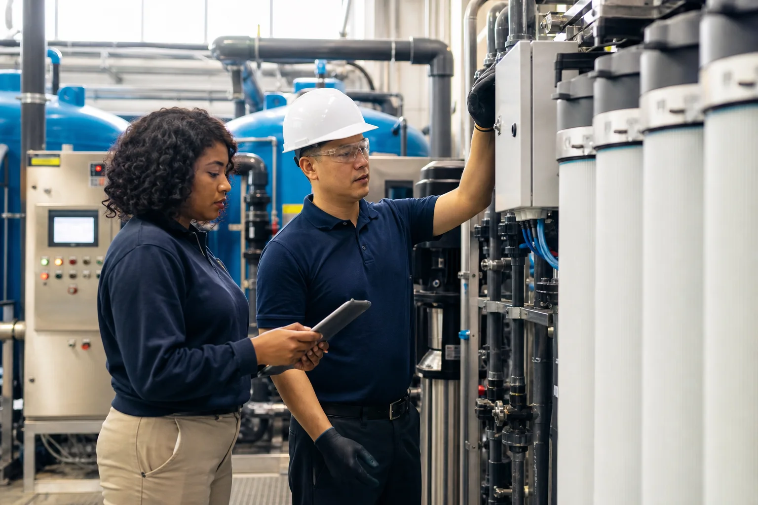 A water treatment technician commissioning filtration equipment in a mechanical room