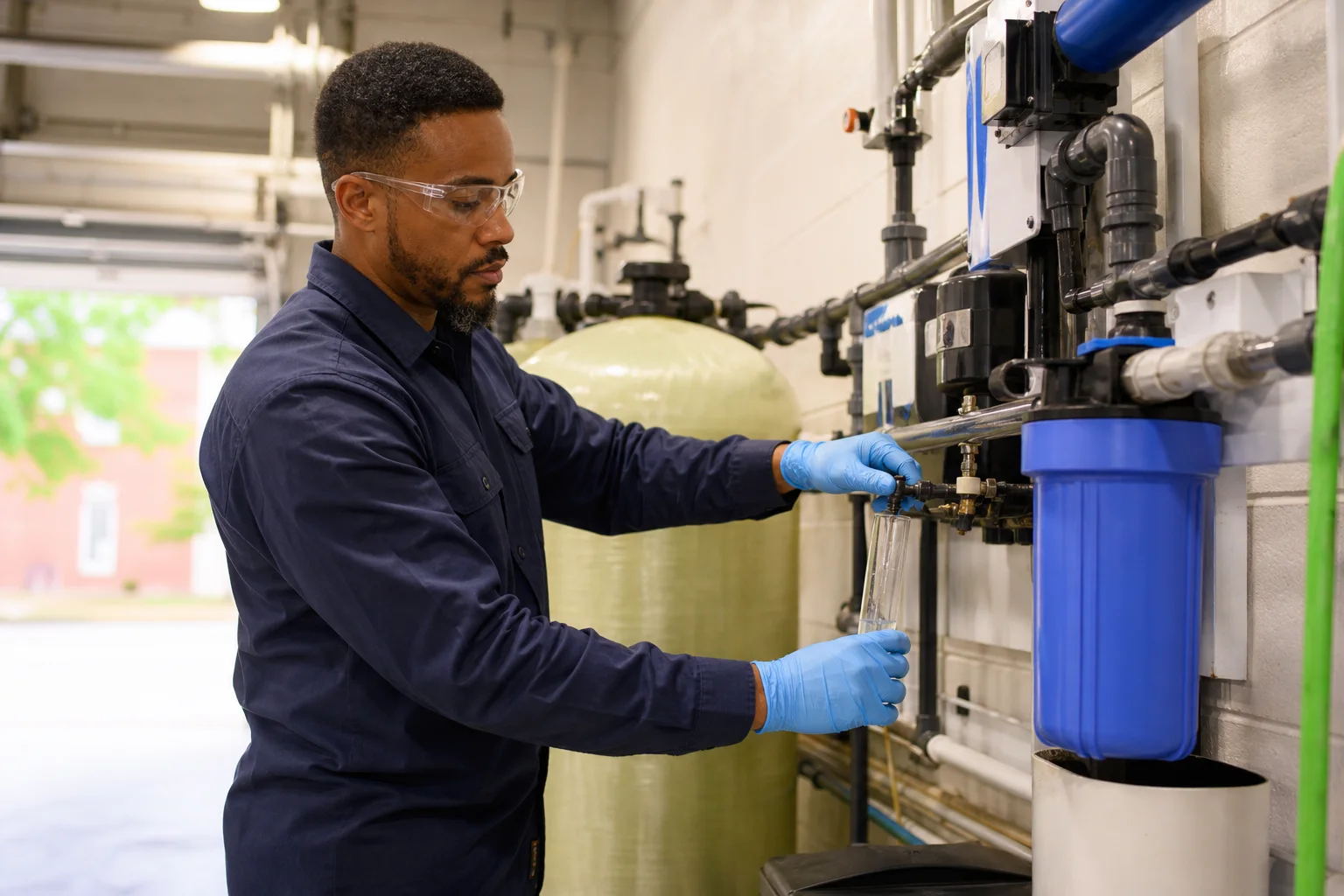 A water treatment technician testing and maintaining equipment