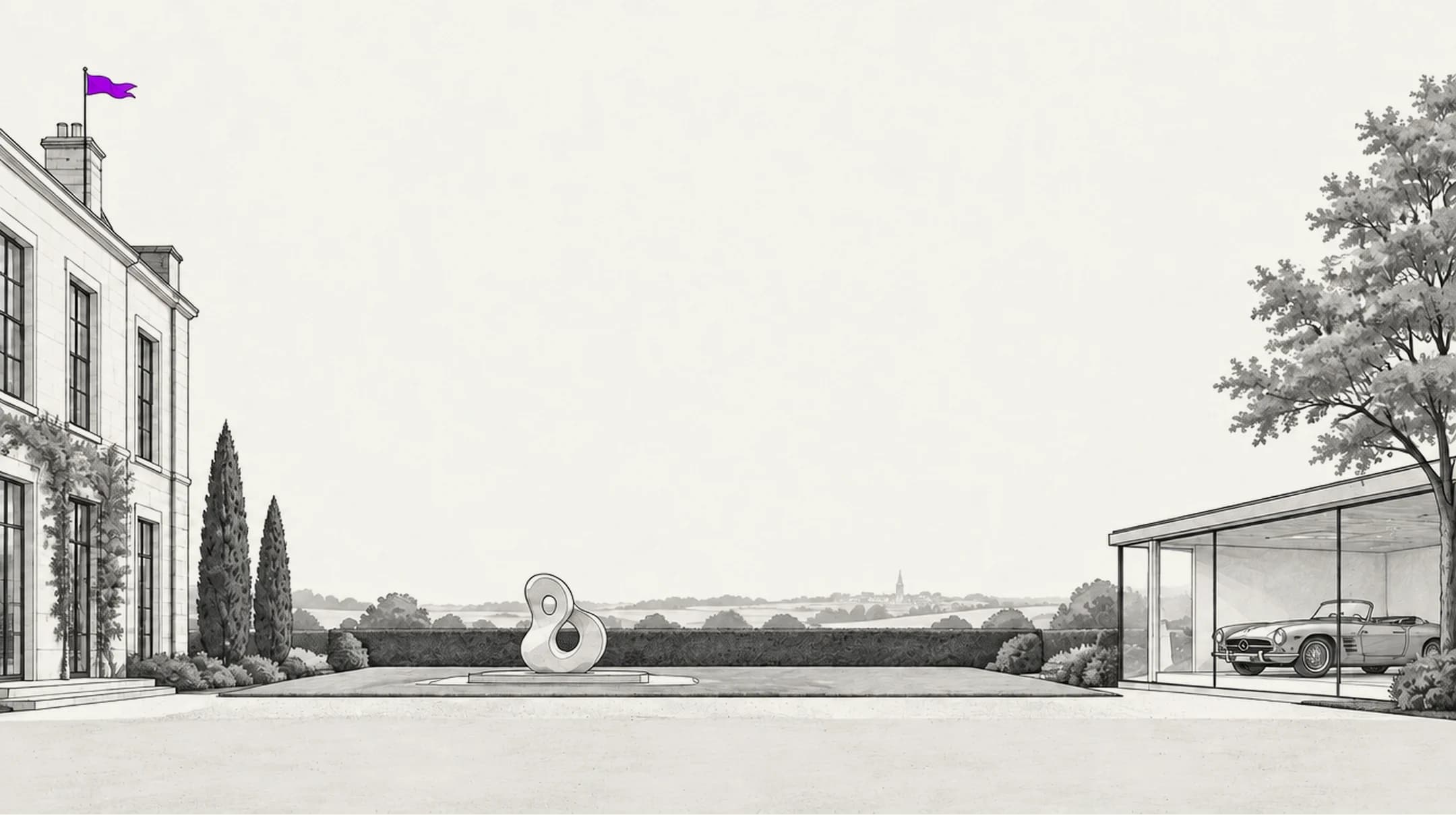 Illustrated estate with a stone house flying a purple flag on one side, a glass garage holding a classic convertible on the other, and a sculpture on a lawn between them