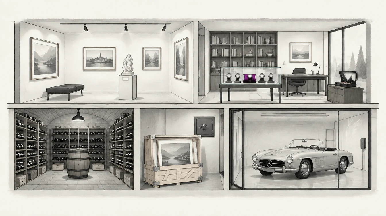 Illustrated cutaway of a collector’s house: a gallery with paintings and a sculpture on a pedestal, a study with a watch case, a wine cellar with a barrel, a storeroom with a crated painting and a safe, and a glass garage with a classic convertible