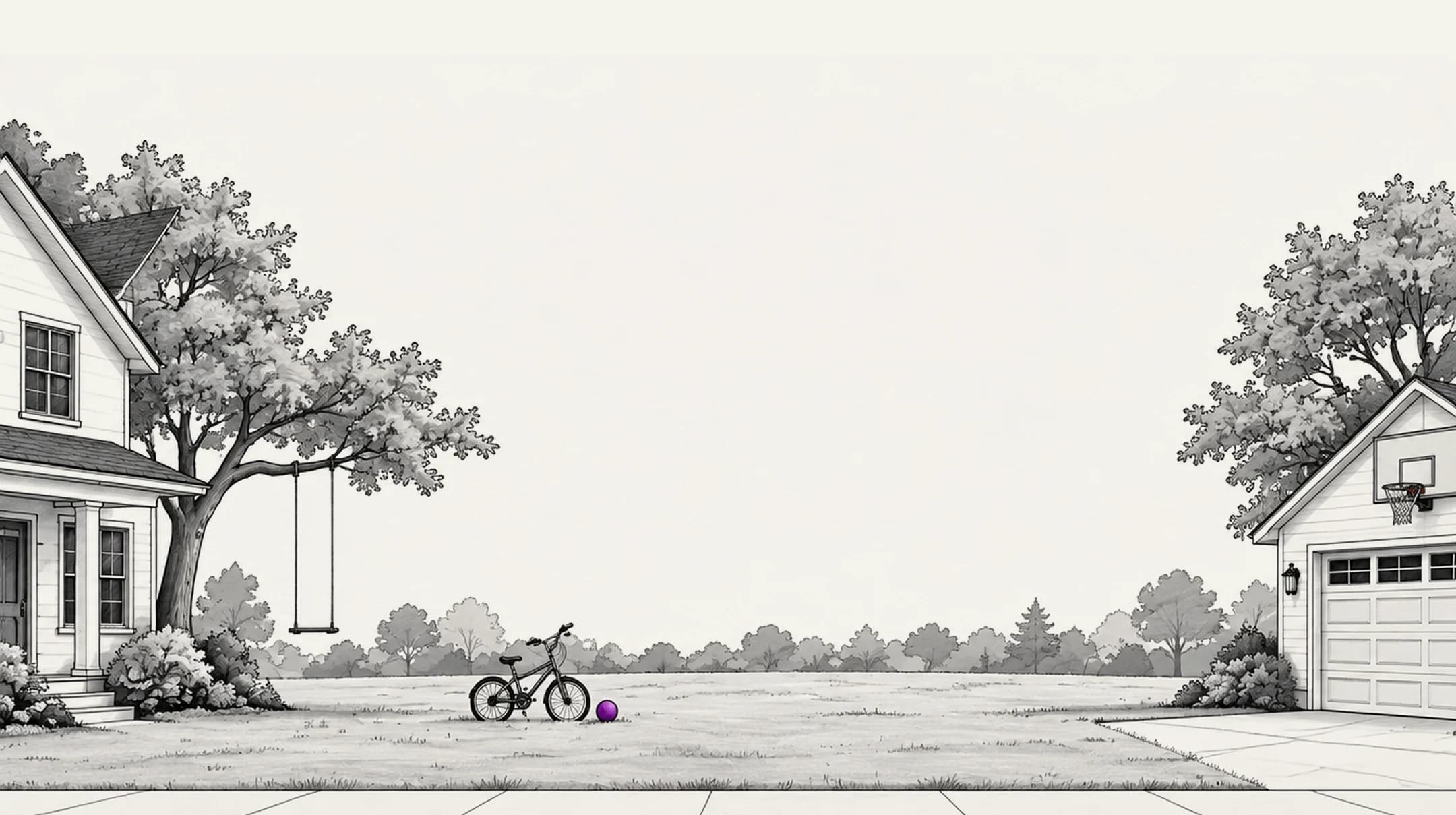 Illustrated backyard between a white house with a tree swing and a garage with a basketball hoop, with a child’s bike and a purple ball on the lawn