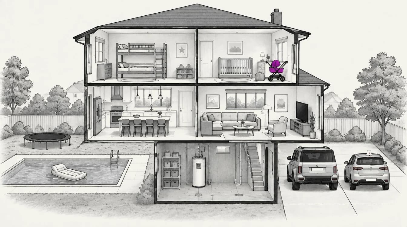 Illustrated cutaway of a family home: bunk beds and a nursery with a purple stroller upstairs, a kitchen and living room below, a basement with a water heater, a pool with a float and a trampoline in the yard, and two SUVs in the driveway, one with a student driver sign